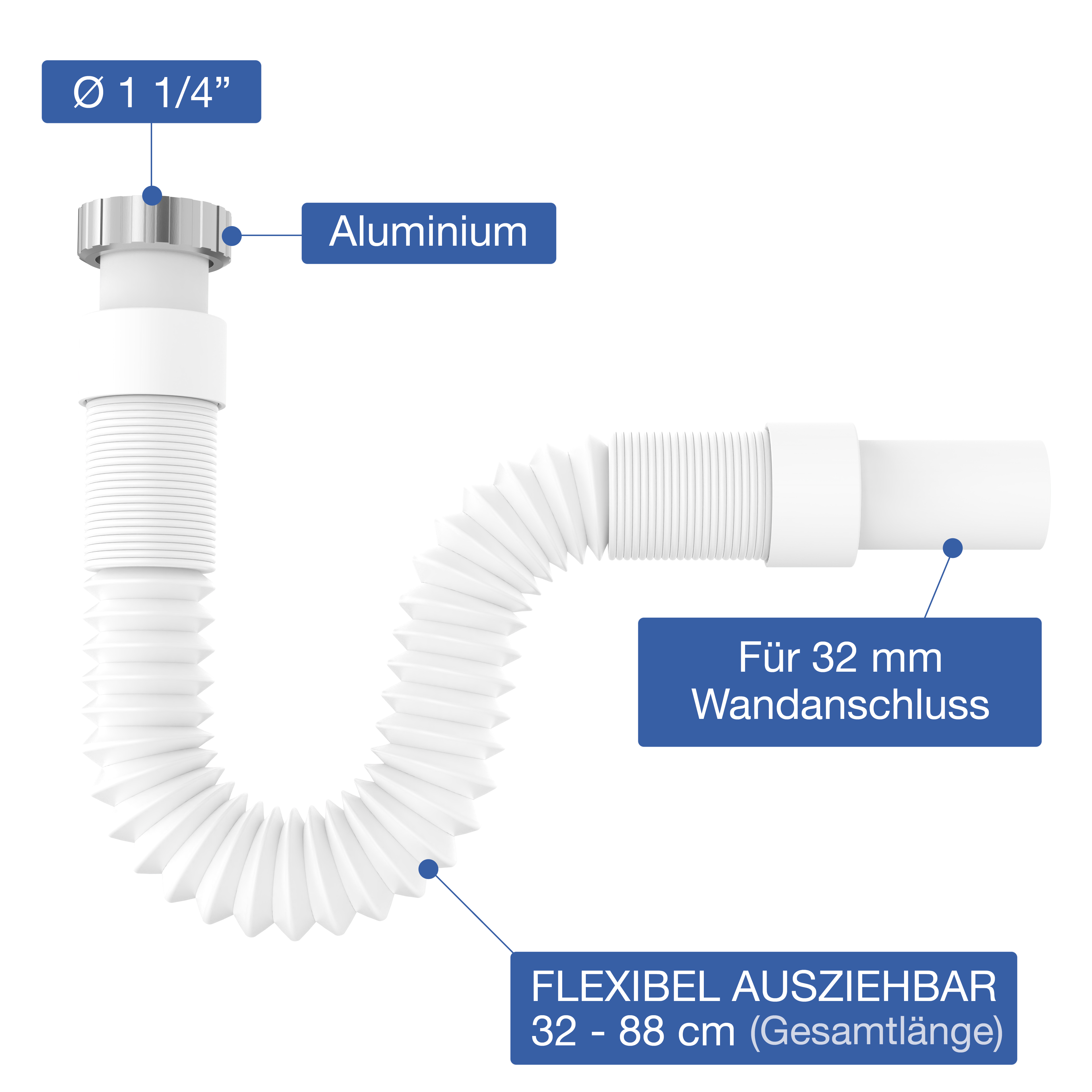 VARIOSAN Flexibler Ablaufschlauch 13972, 1 1/4" x 32 mm, Siphon / Geruchsverschluss für Waschbecken, Ausziehbar von 320 - 880 mm