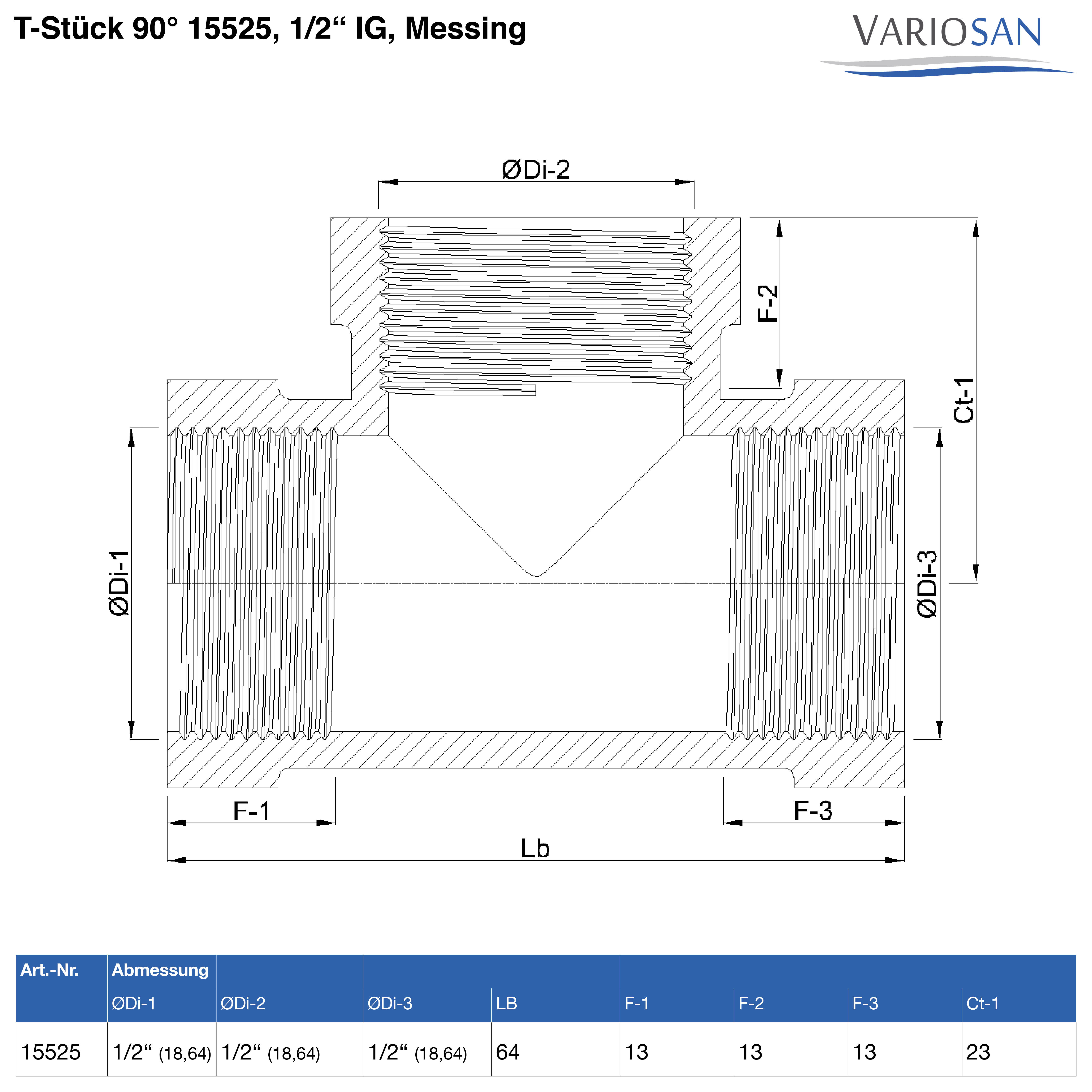 VARIOSAN T-Stück 90° 15525, 1/2" IG, Messing