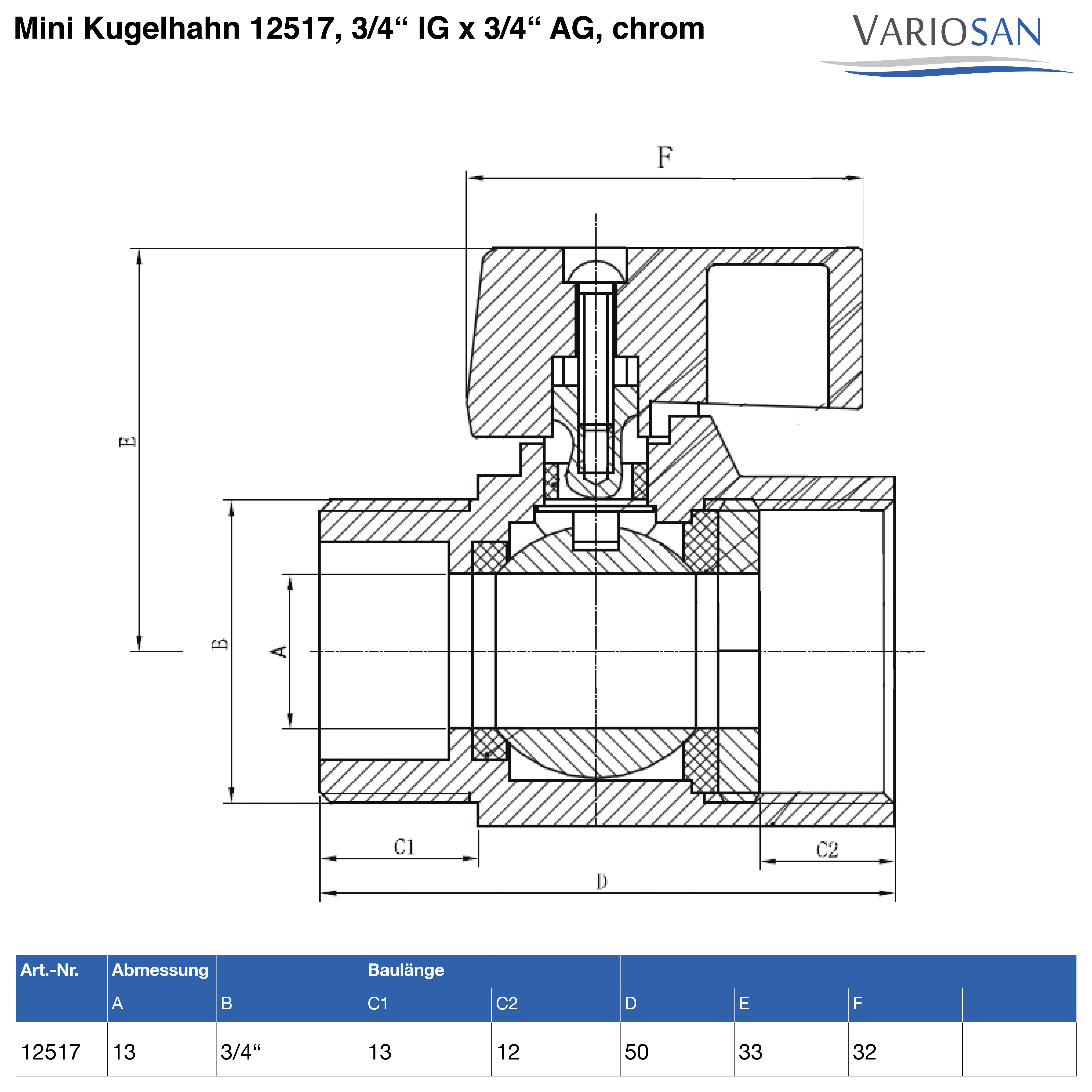 VARIOSAN Mini Kugelhahn 12517, 3/4" IG x 3/4" AG, chrom