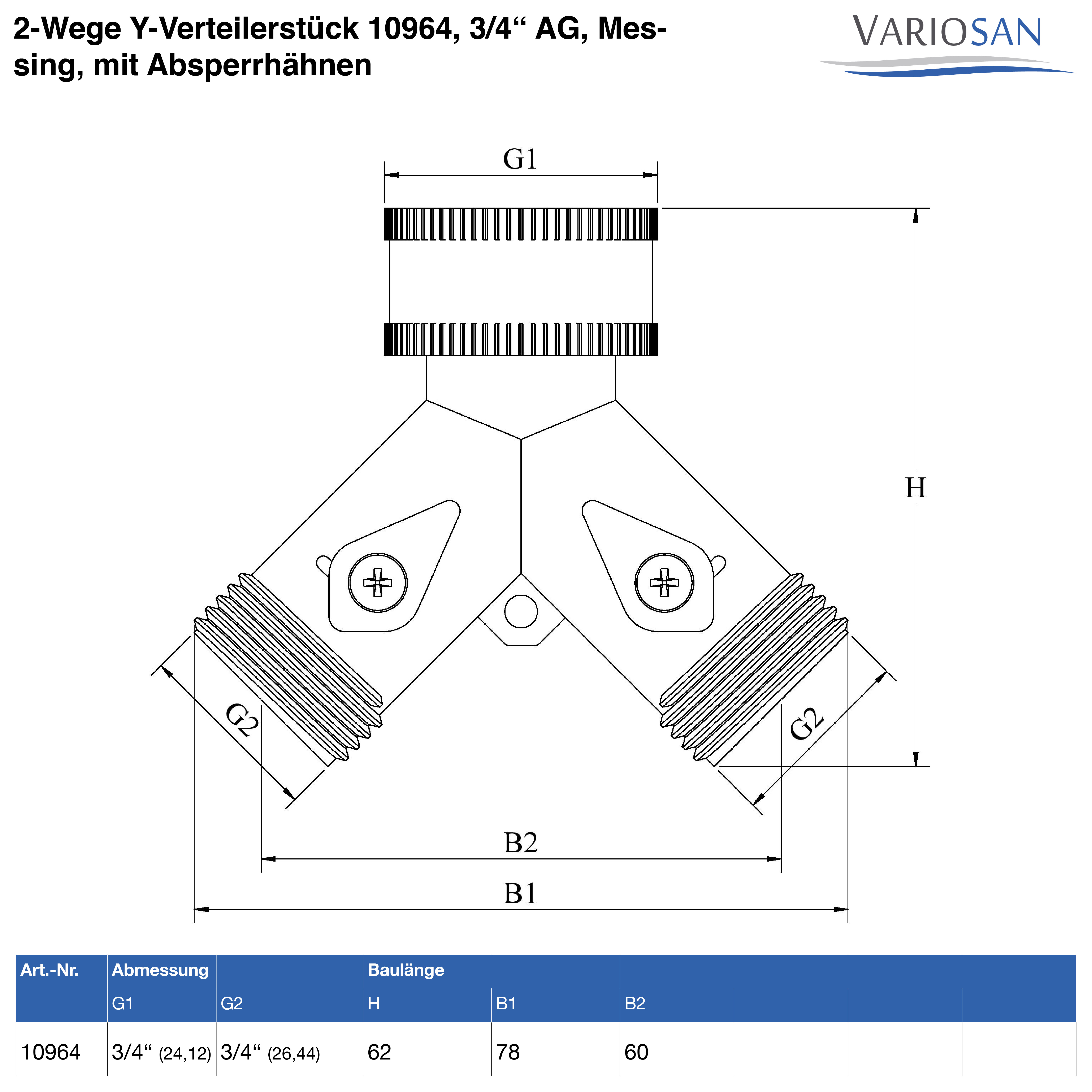 VARIOSAN 2-Wege Y-Verteilerstück 10964, 3/4" AG, Messing, mit Absperrhähnen