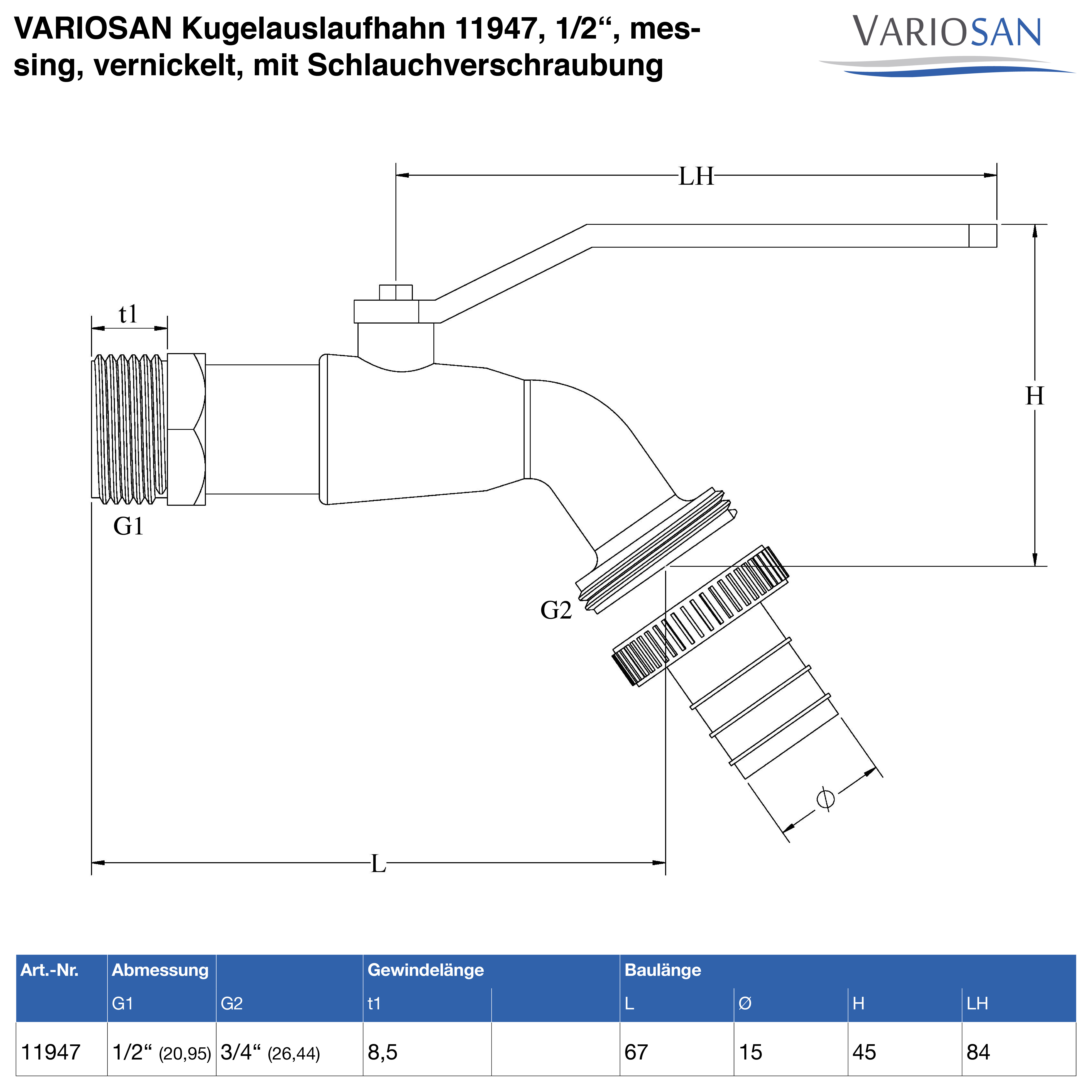 VARIOSAN Kugelauslaufhahn 11947, 1/2", messing, vernickelt, mit Schlauchverschraubung