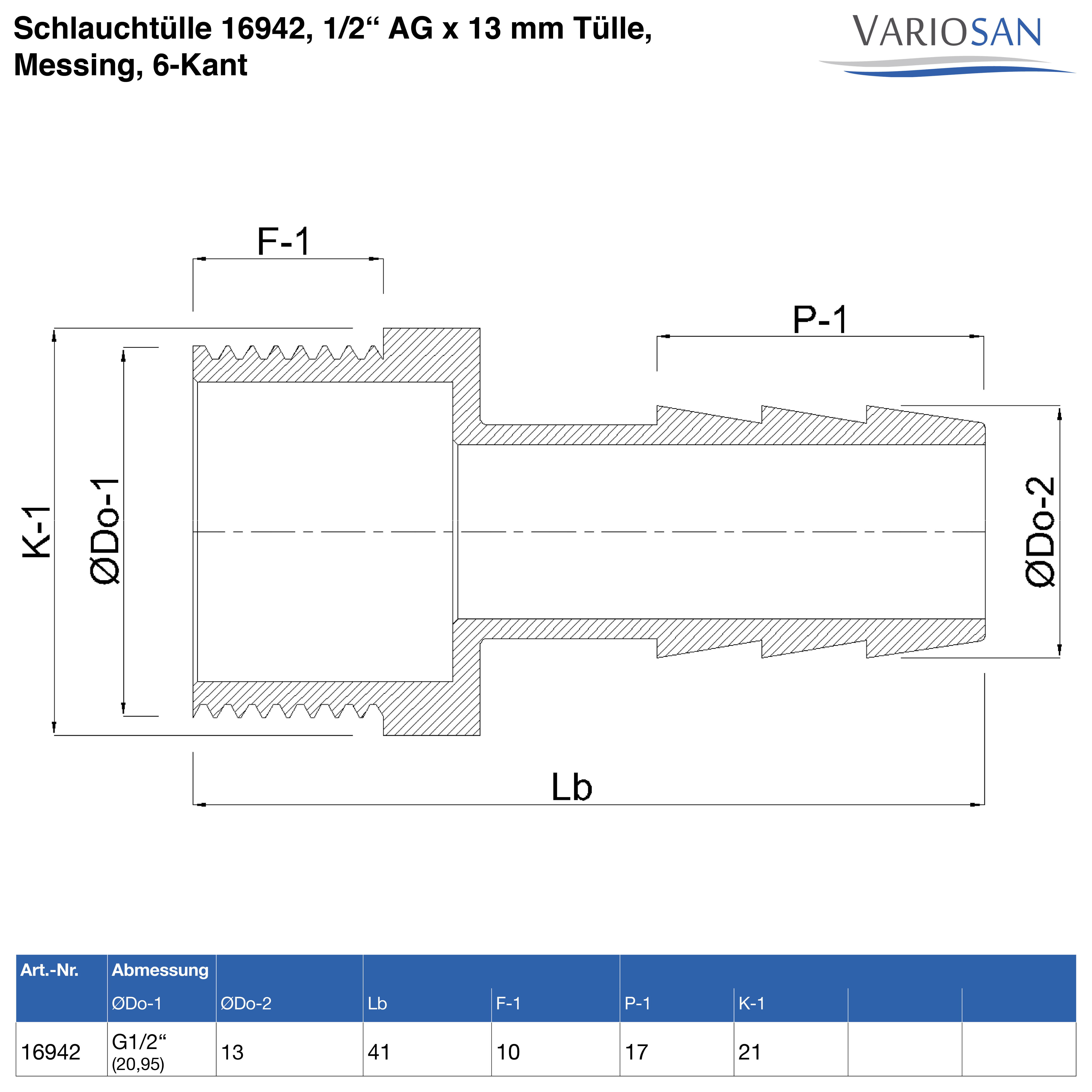 VARIOSAN Schlauchtülle 16942, 1/2" AG x 13 mm Tülle, Messing, 6-Kant