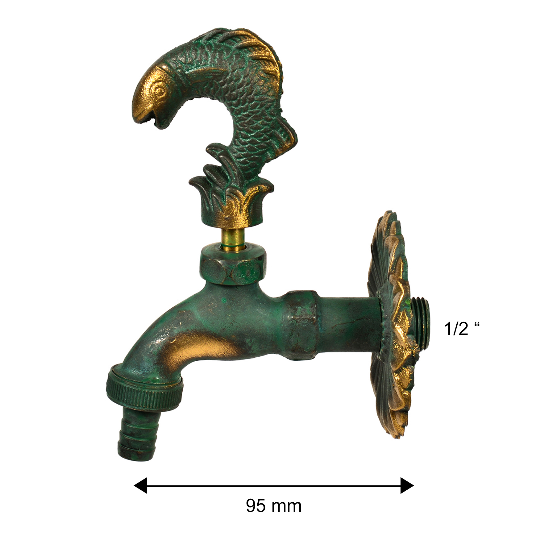 VARIOSAN Nostalgie-Auslaufventil "Fisch" 11244, 1/2", Messing-patiniert, langer Wandabstand, massive