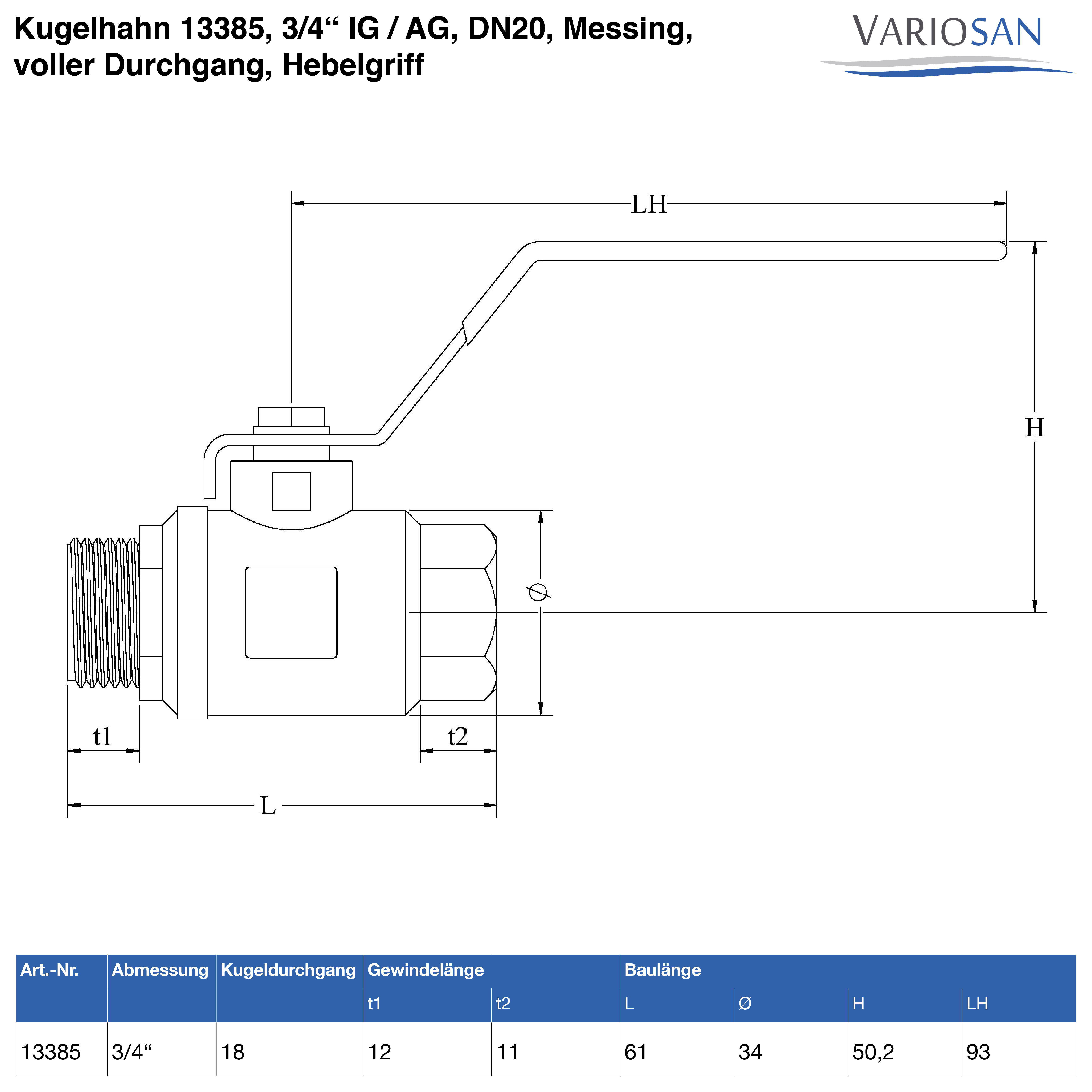 VARIOSAN Kugelhahn 13385, 3/4" IG / AG, DN20, Messing, voller Durchgang, Hebelgriff