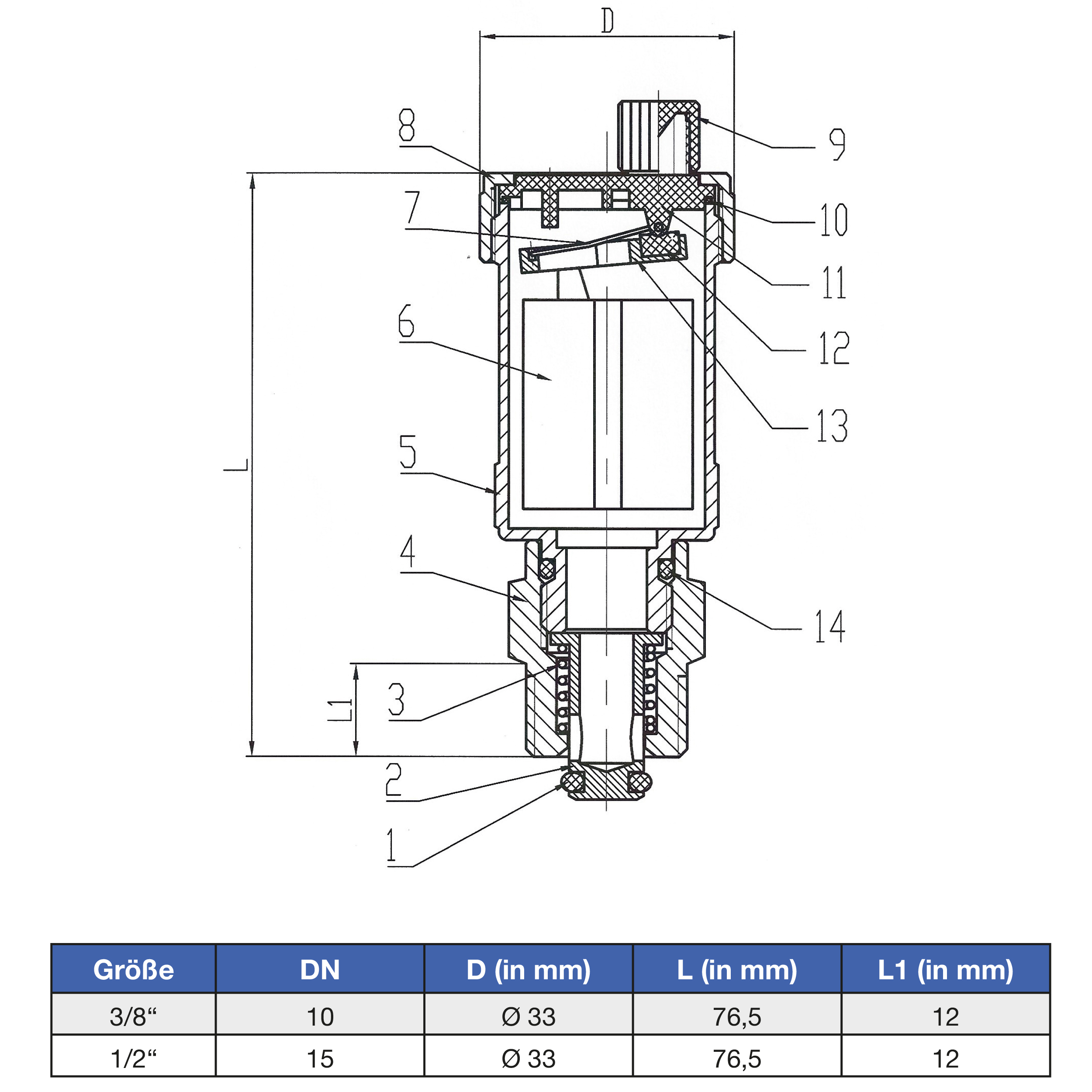 VARIOSAN Automatischer Schnellentlüfter 12104, 3/8", Messing blank, schmale Bauform, mit Montageventil