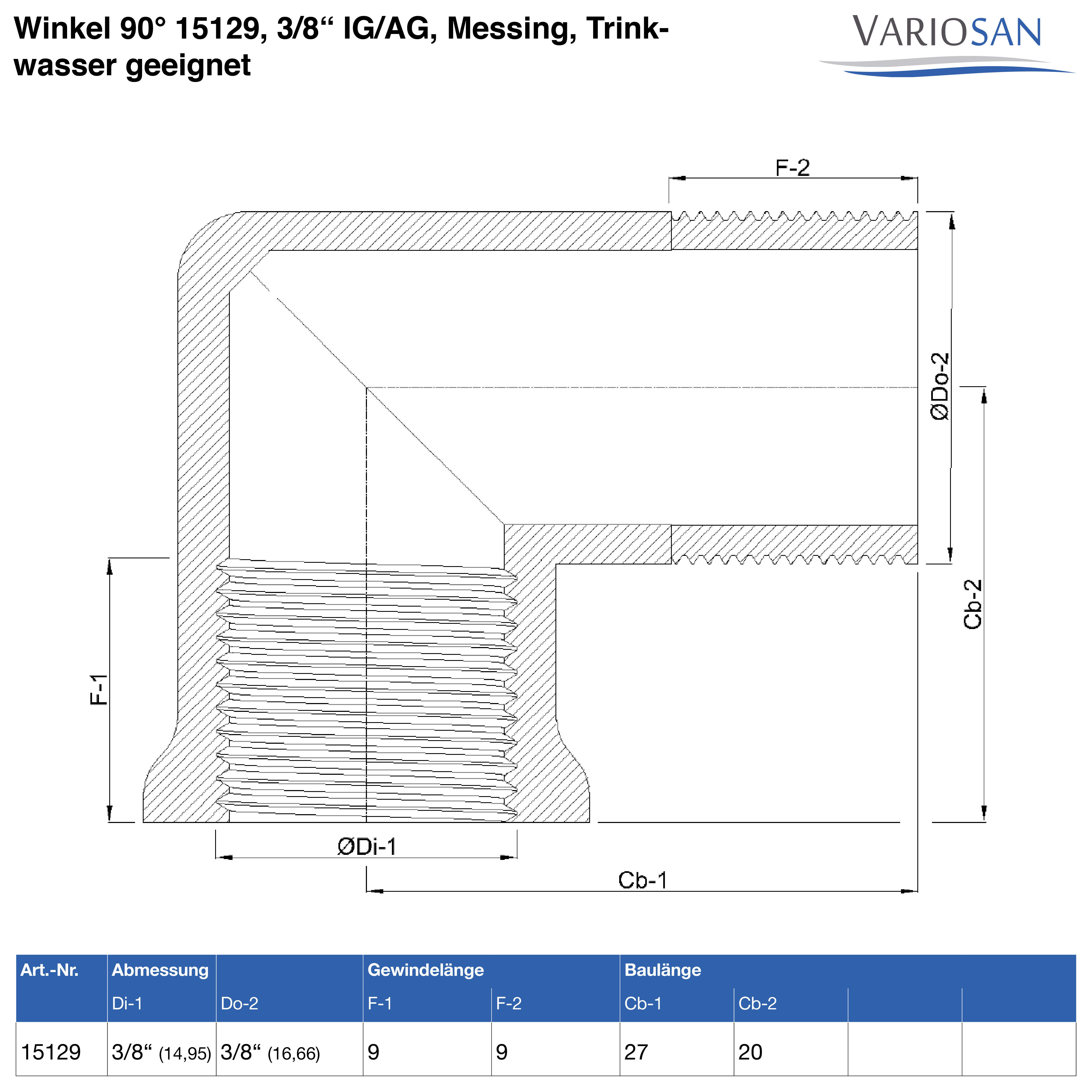 VARIOSAN Winkel 90° 15129, 3/8" IG/AG, Messing, Trinkwasser geeignet