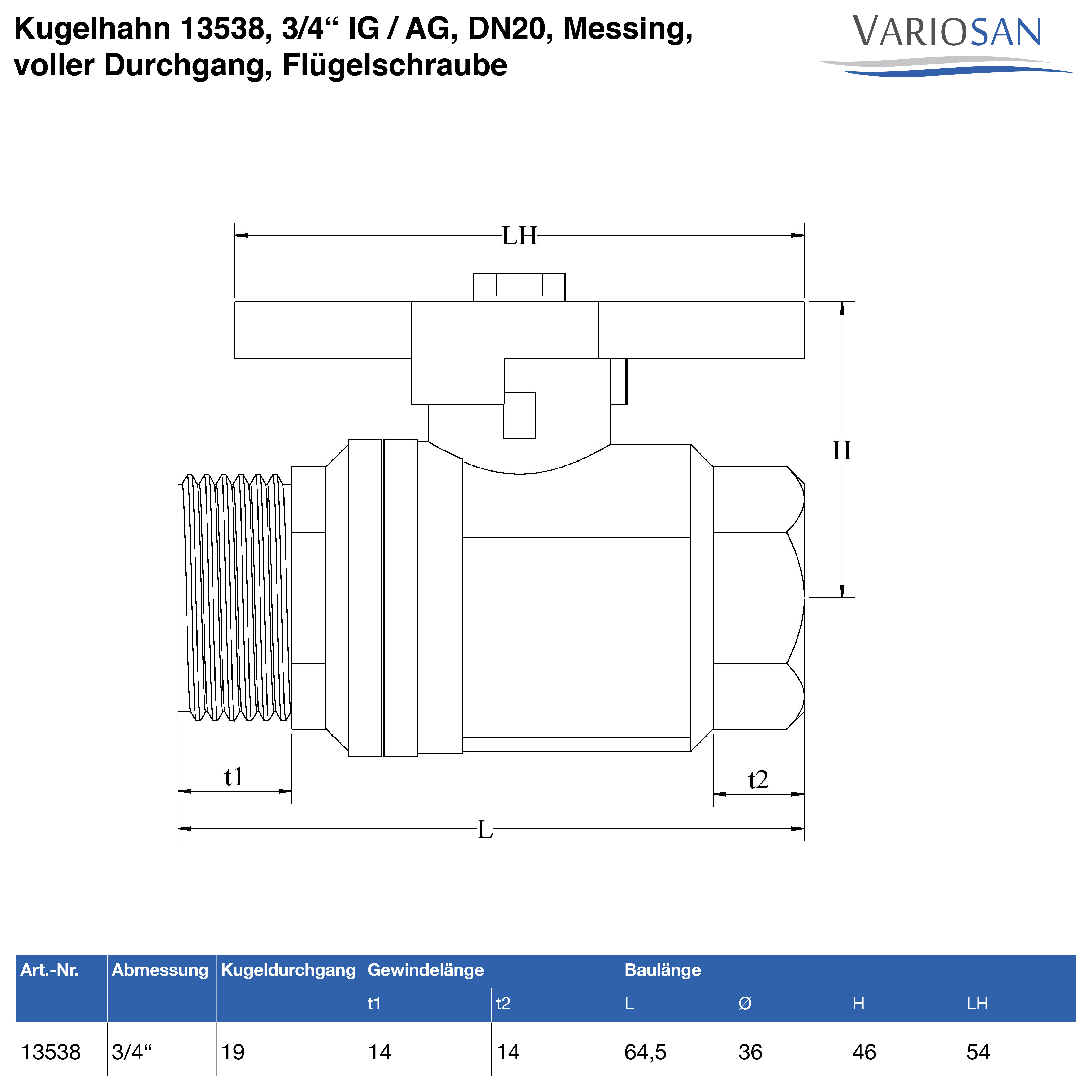 VARIOSAN Kugelhahn 13538, 3/4" IG / AG, DN20, Messing, voller Durchgang, Flügelschraube