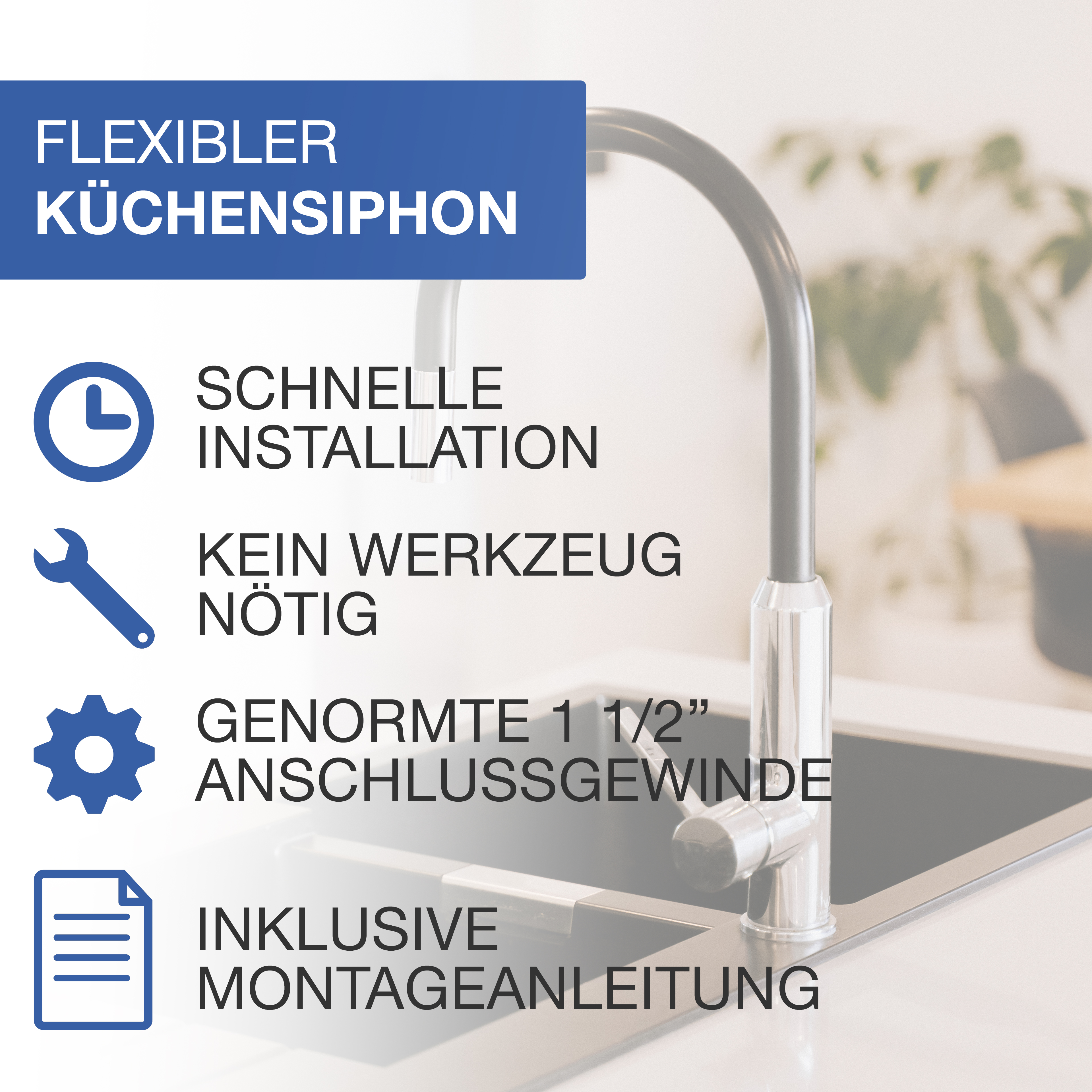 VARIOSAN Flexibler Röhrensiphon 11497, 1 1/2", 2 Siphon-Geräteanschlüsse 1", für Küchenspüle, Spülmaschine und Waschmaschine