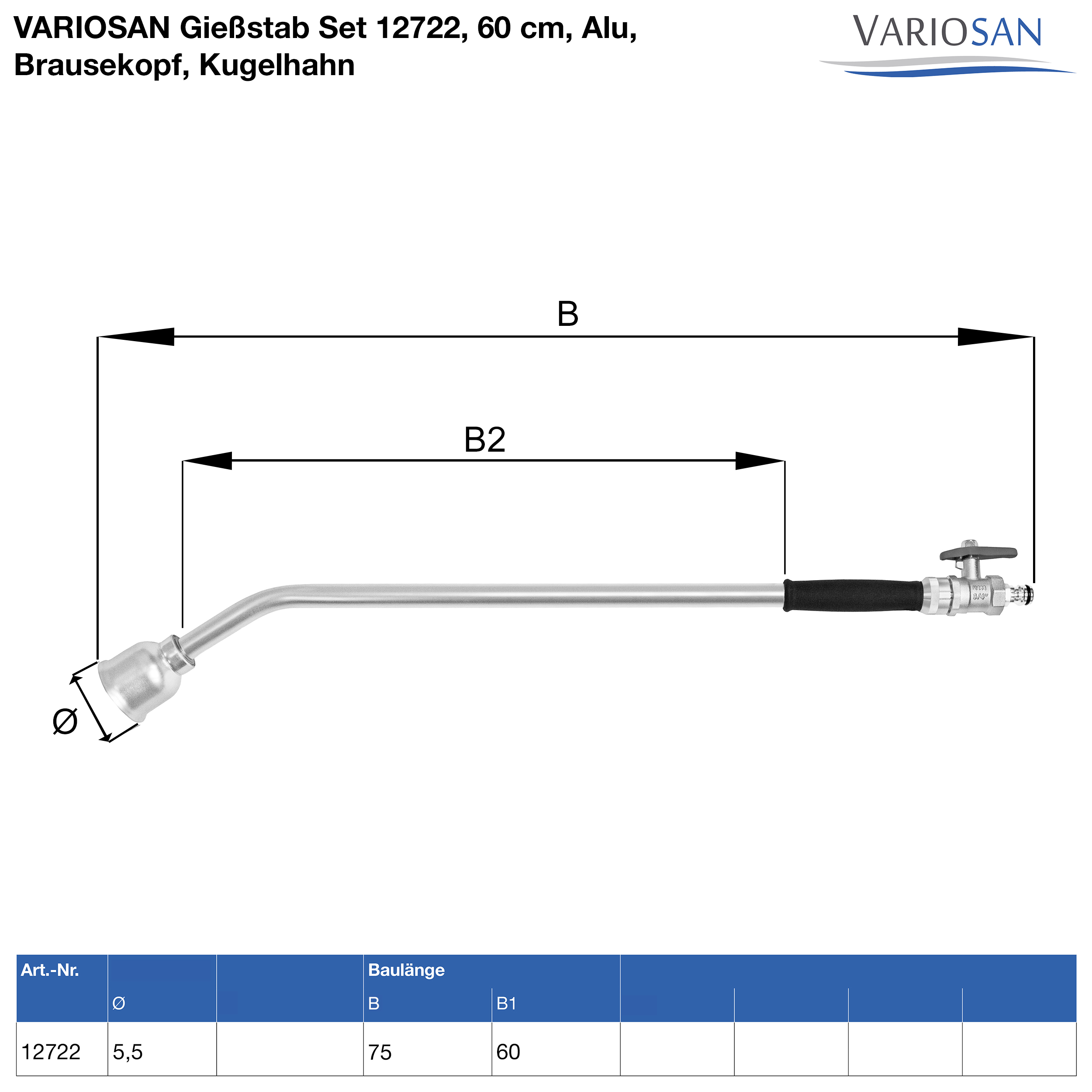 VARIOSAN Gießstab Set 12722, 60 cm, Alu, Brausekopf, Kugelhahn