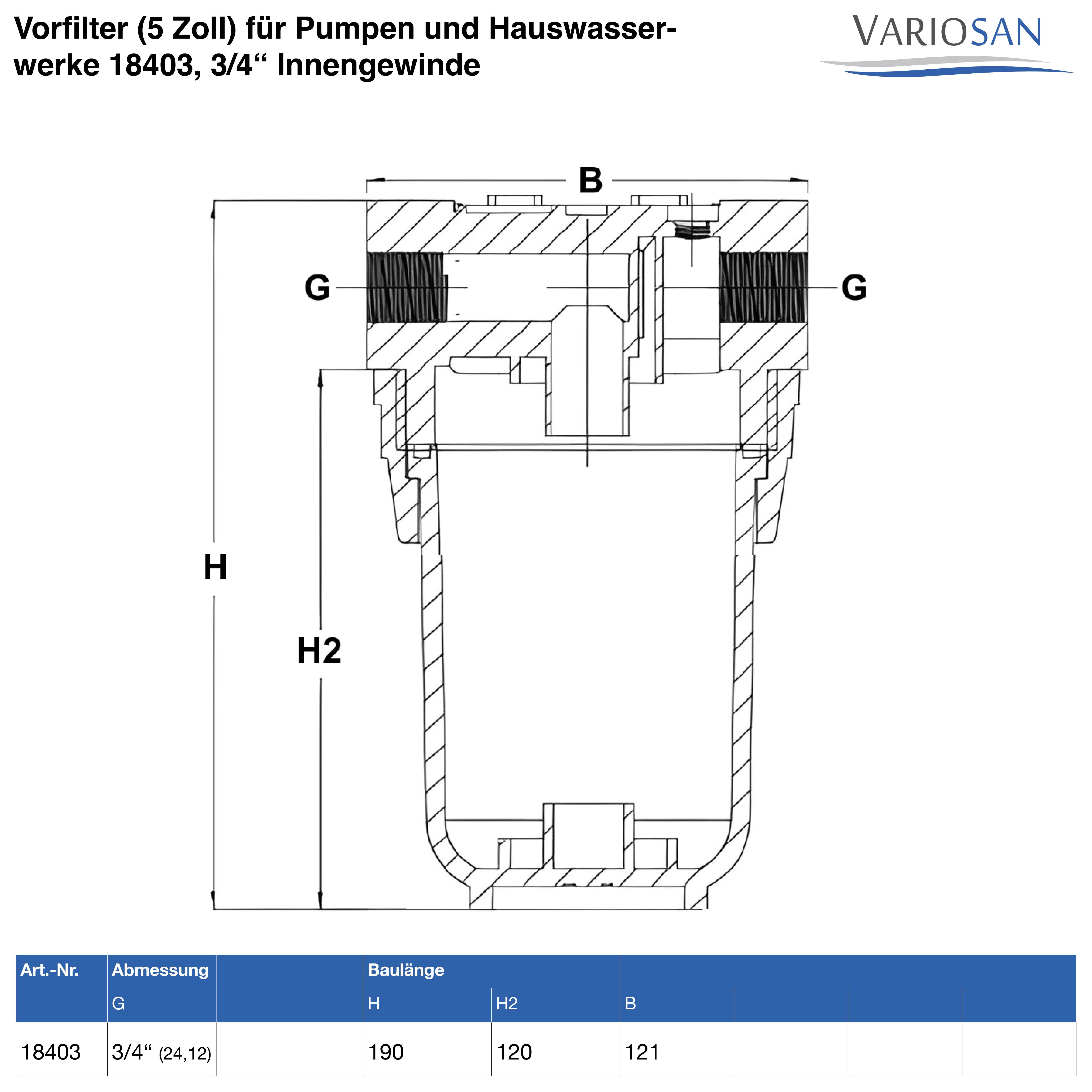 VARIOSAN Vorfilter (5 Zoll) für Pumpen und Hauswasserwerke 18403, 3/4" Innengewinde, 8 bar, 3.000 l/h Durchflussmenge, 0,06 mm Maschenweite