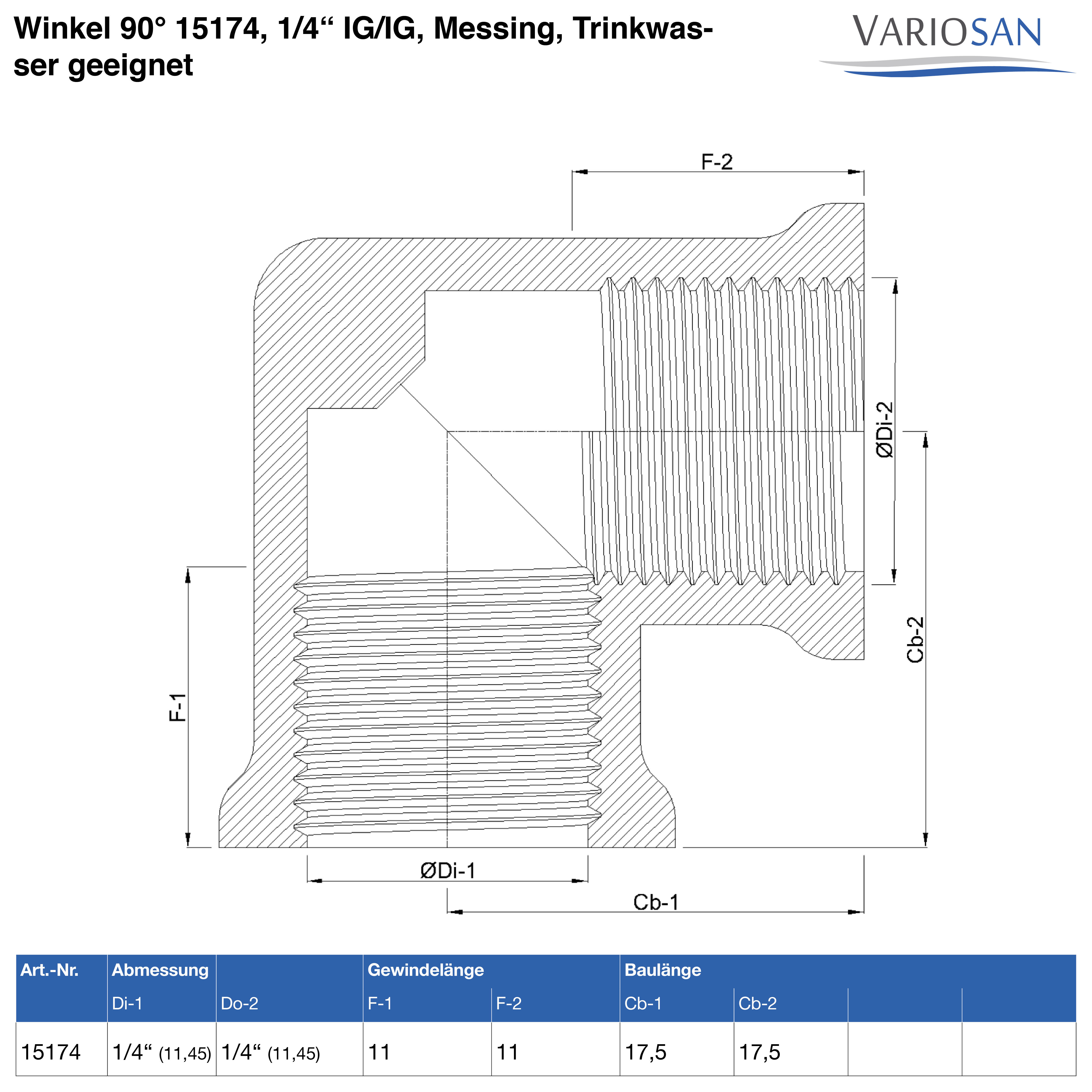 VARIOSAN Winkel 90° 15174, 1/4" IG/IG, Messing, Trinkwasser geeignet