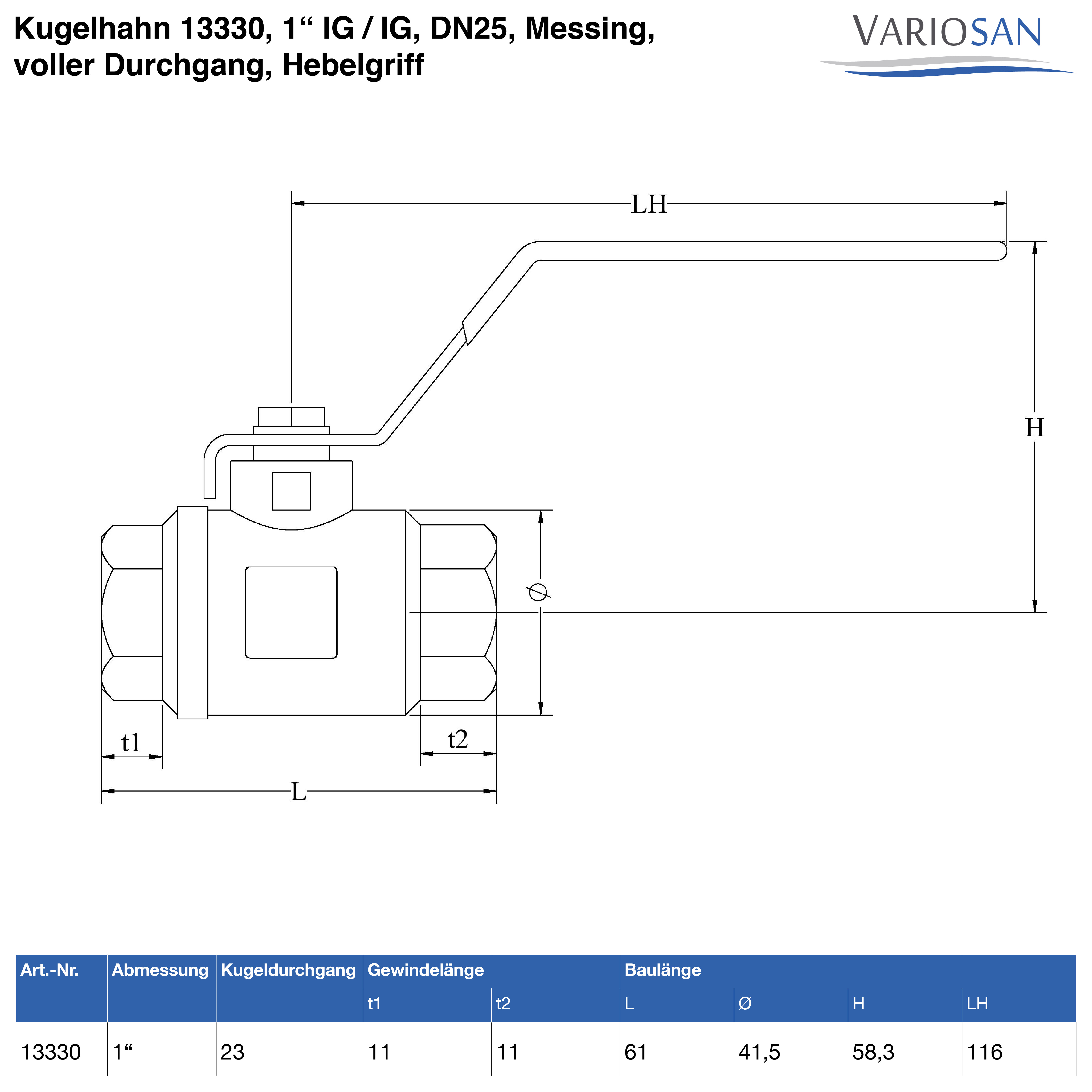 VARIOSAN Kugelhahn 13330, 1" IG / IG, DN25, Messing, voller Durchgang, Hebelgriff