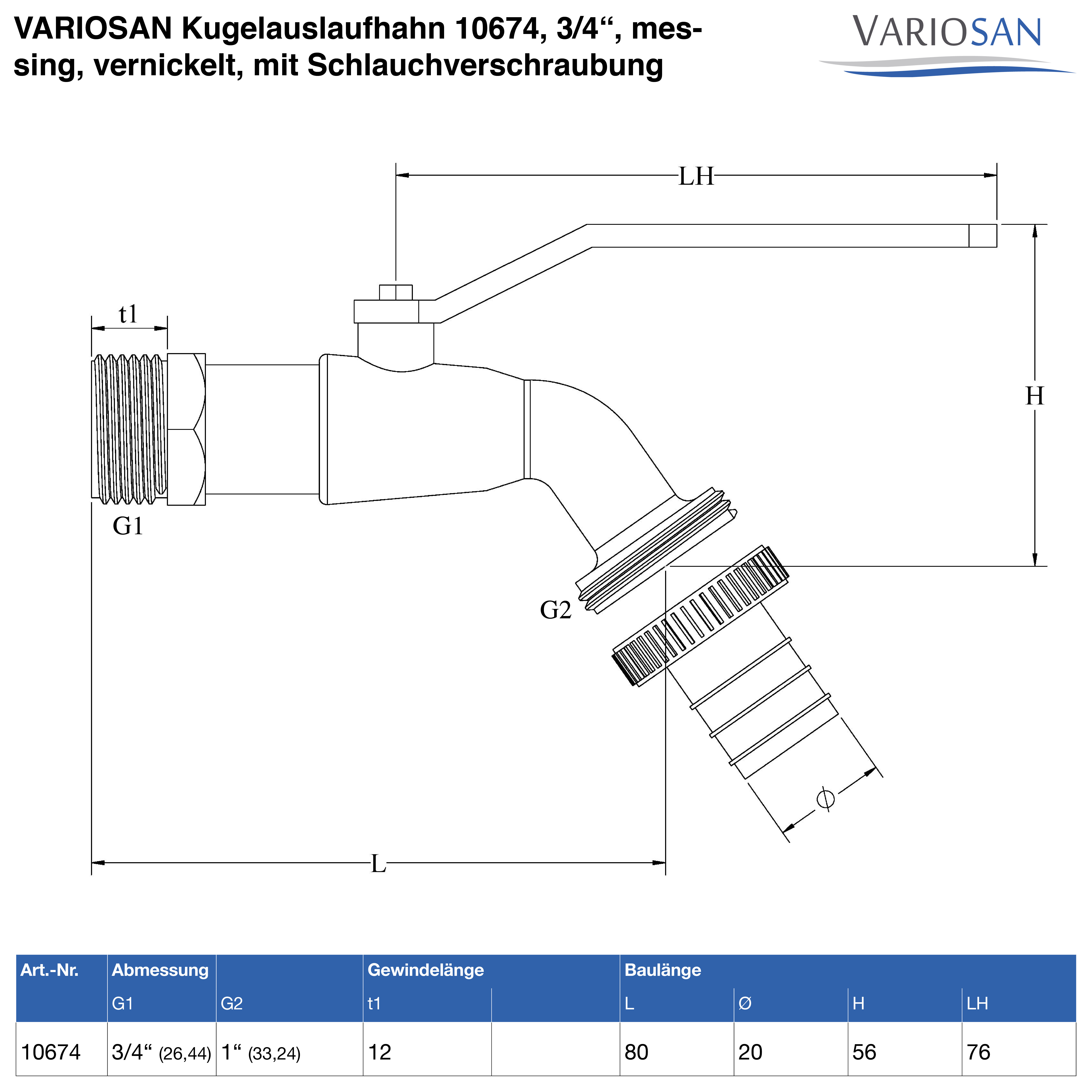 VARIOSAN Regentonnendurchführung + Kugelauslaufhahn Set 14702, 3/4", Messing