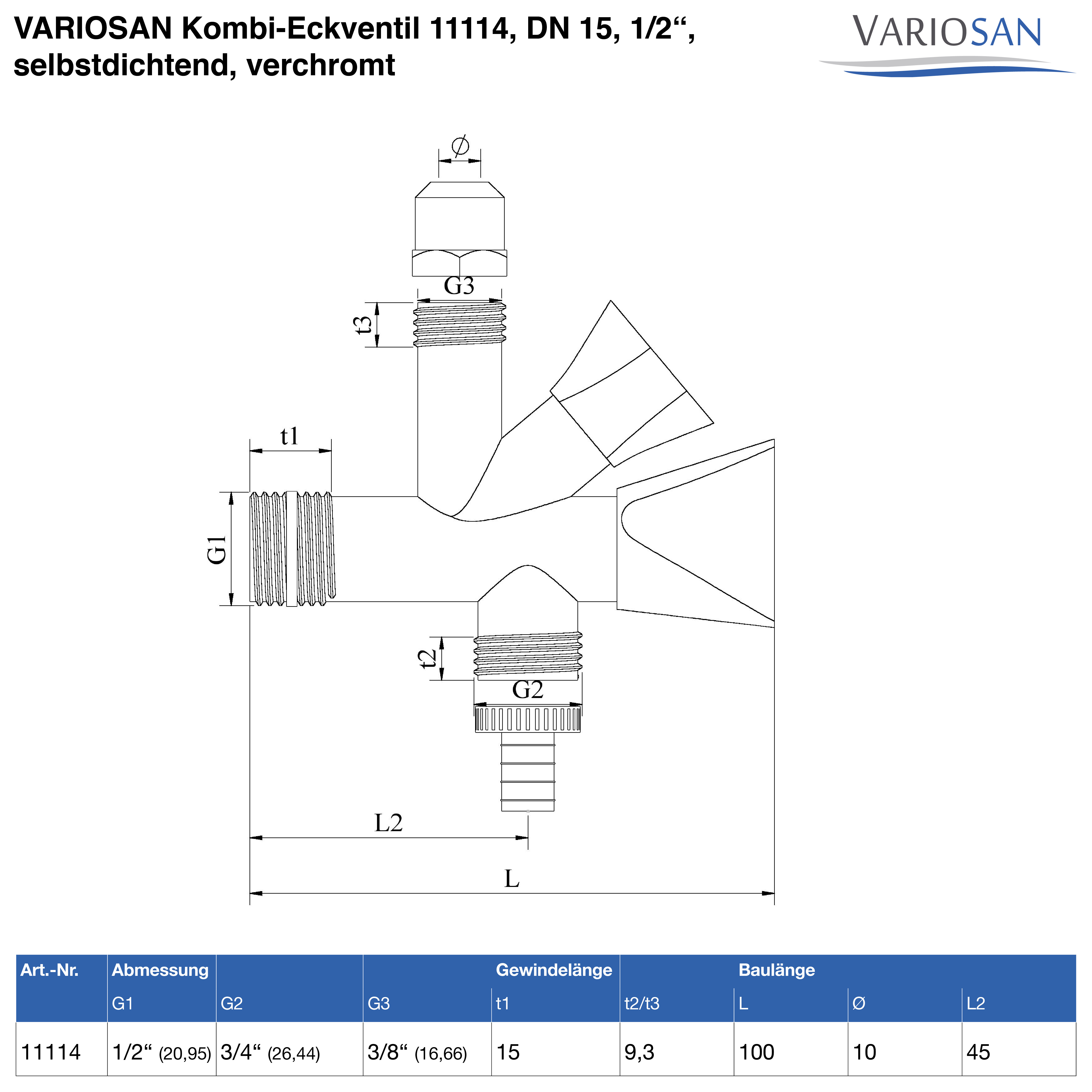 VARIOSAN Kombi-Eckventil 11114, DN 15, 1/2", selbstdichtend, verchromt