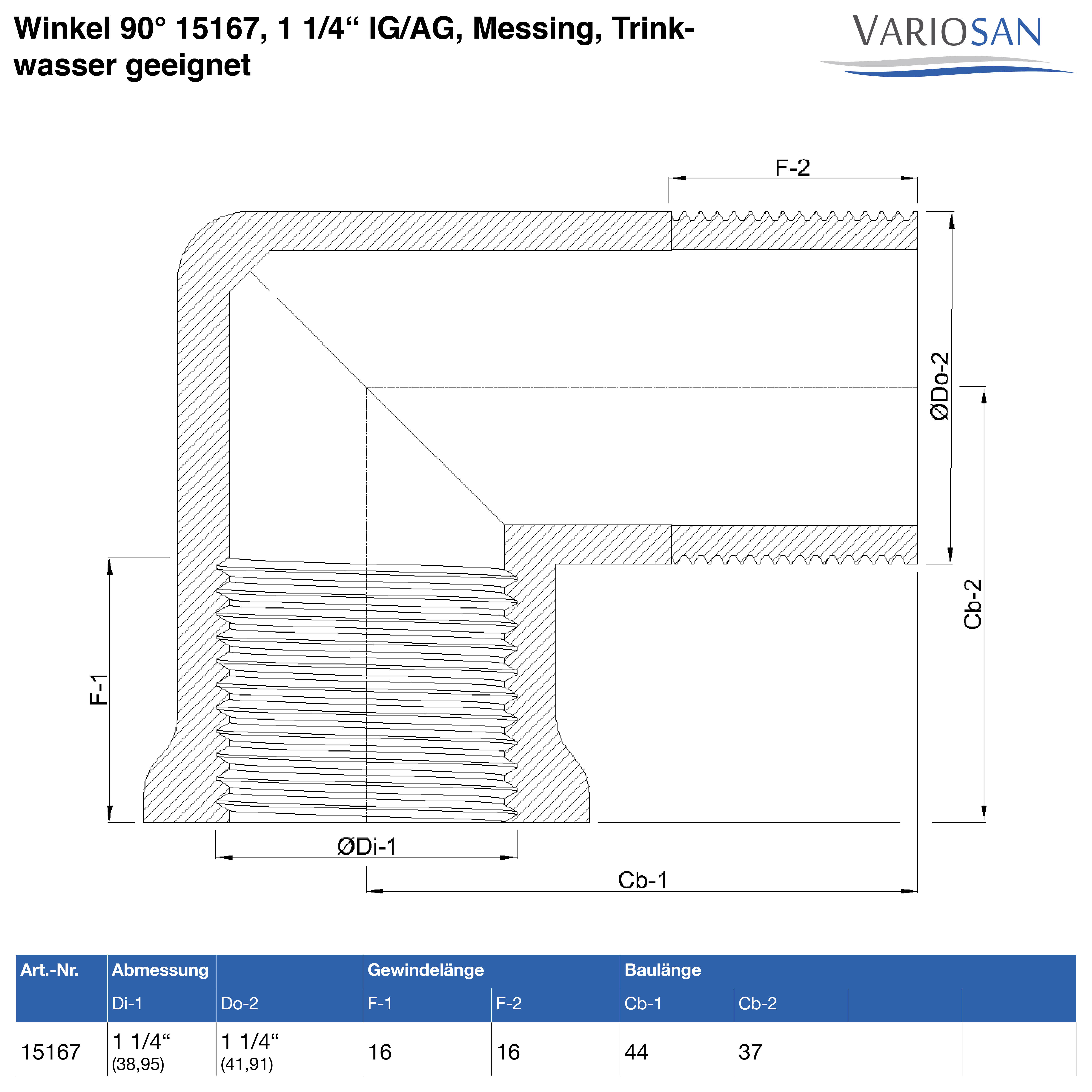 VARIOSAN Winkel 90° 15167, 1 1/4" IG/AG, Messing, Trinkwasser geeignet