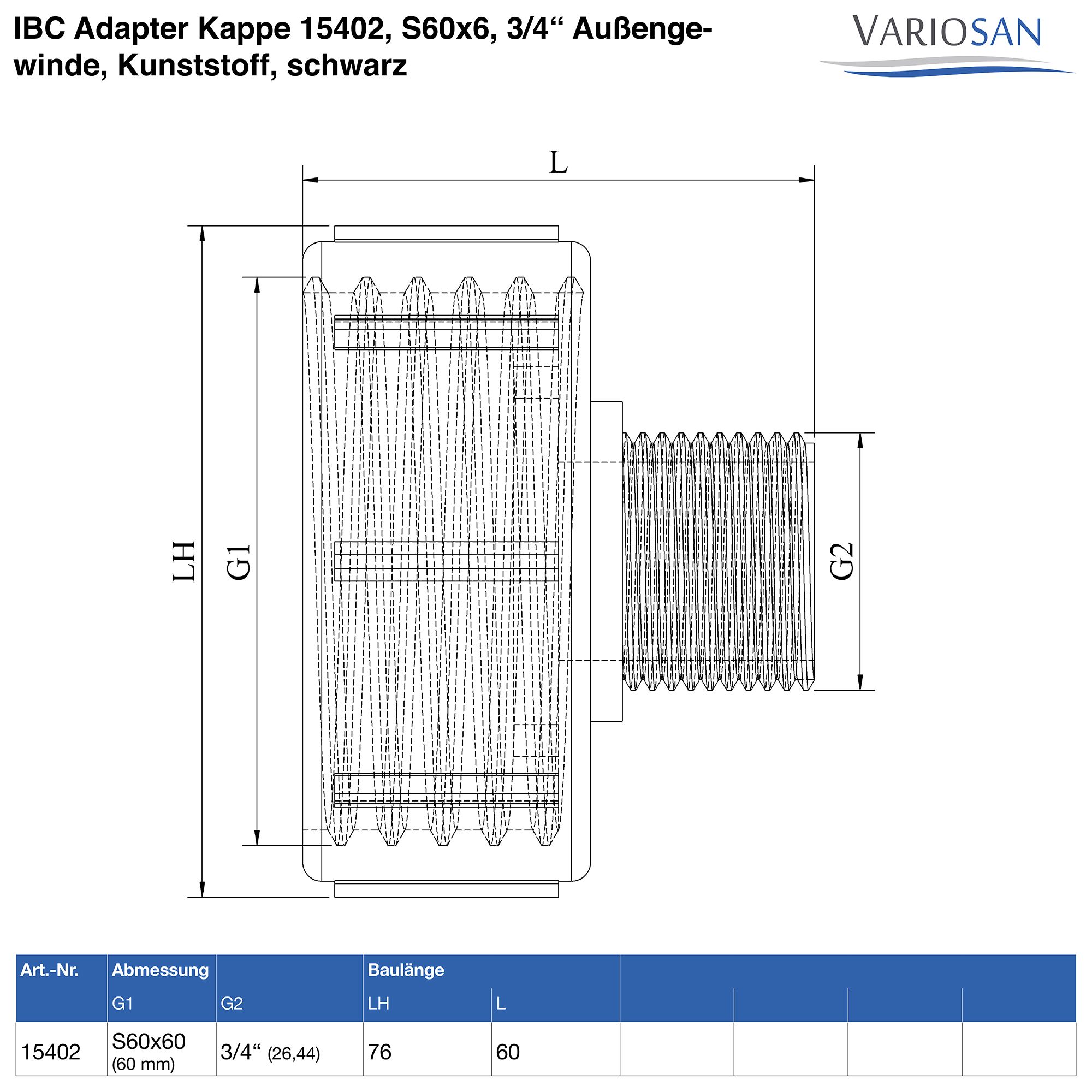 VARIOSAN IBC Adapter Kappe 15402, S60x6, 3/4" Außengewinde, Kunststoff, schwarz