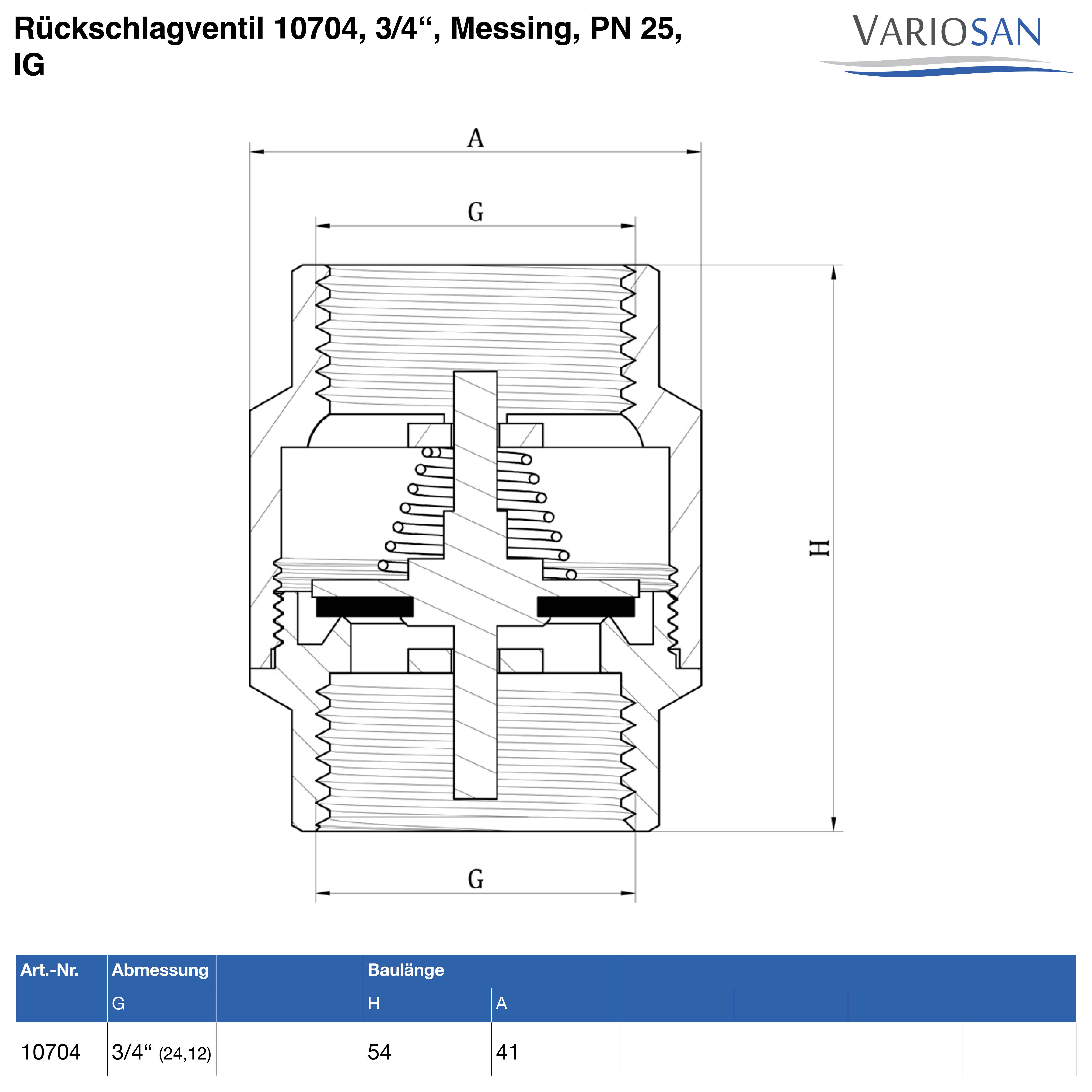 VARIOSAN Rückschlagventil 10704, 3/4", Messing, PN 25, IG