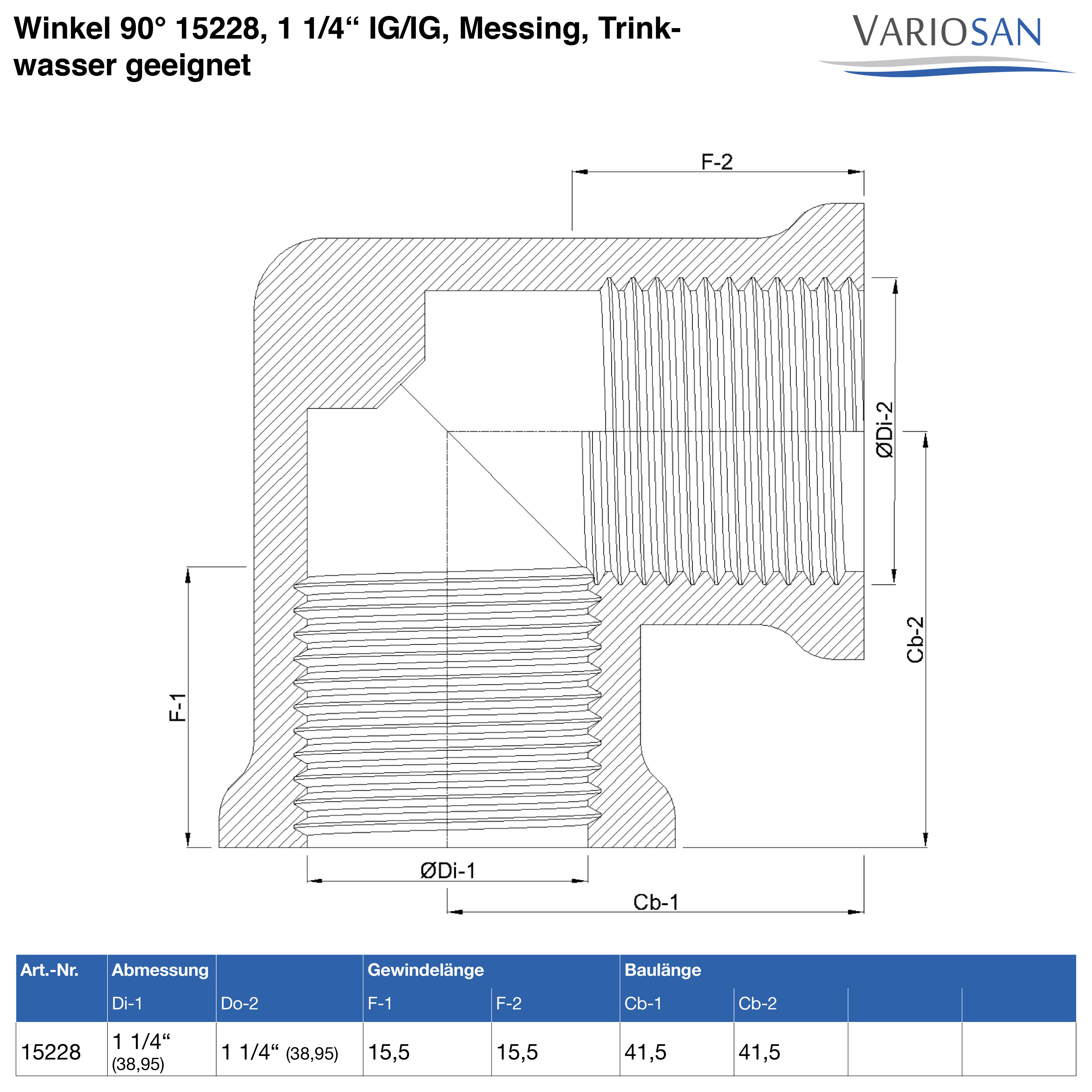 VARIOSAN Winkel 90° 15228, 1 1/4" IG/IG, Messing, Trinkwasser geeignet