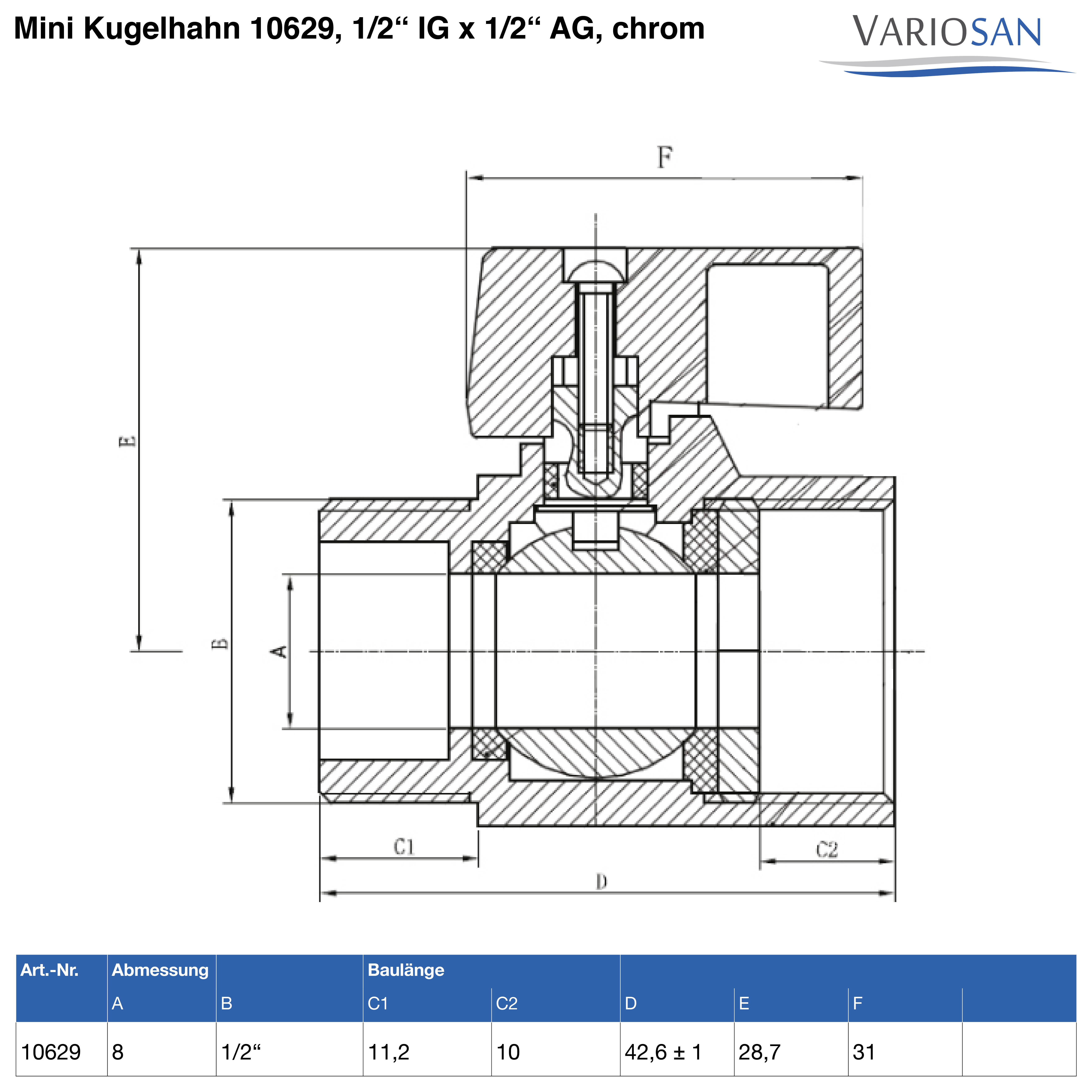 VARIOSAN Mini Kugelhahn 10629, 1/2" IG x 1/2" AG, chrom