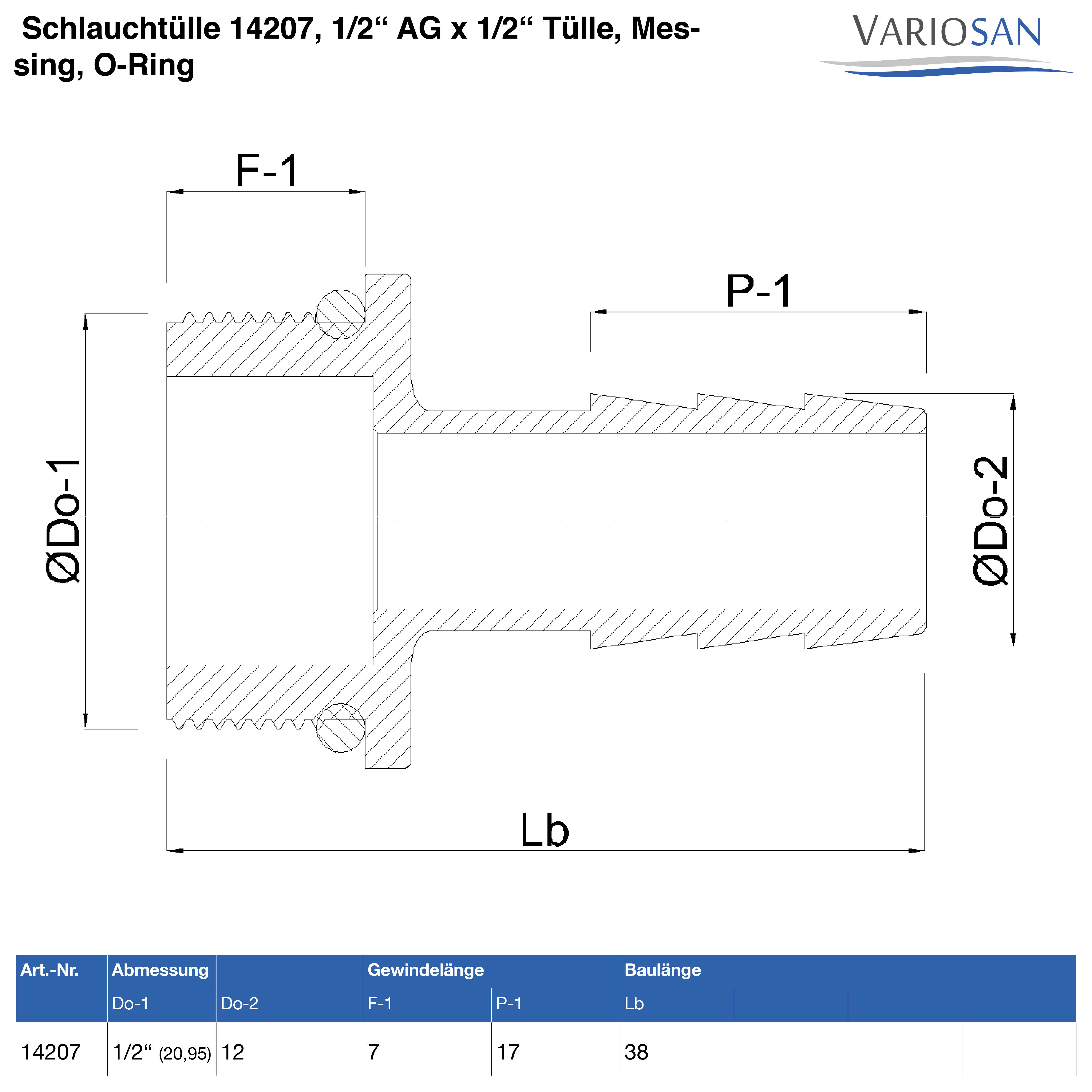 VARIOSAN Schlauchtülle 14207, 1/2" AG x 1/2" Tülle, Messing, O-Ring