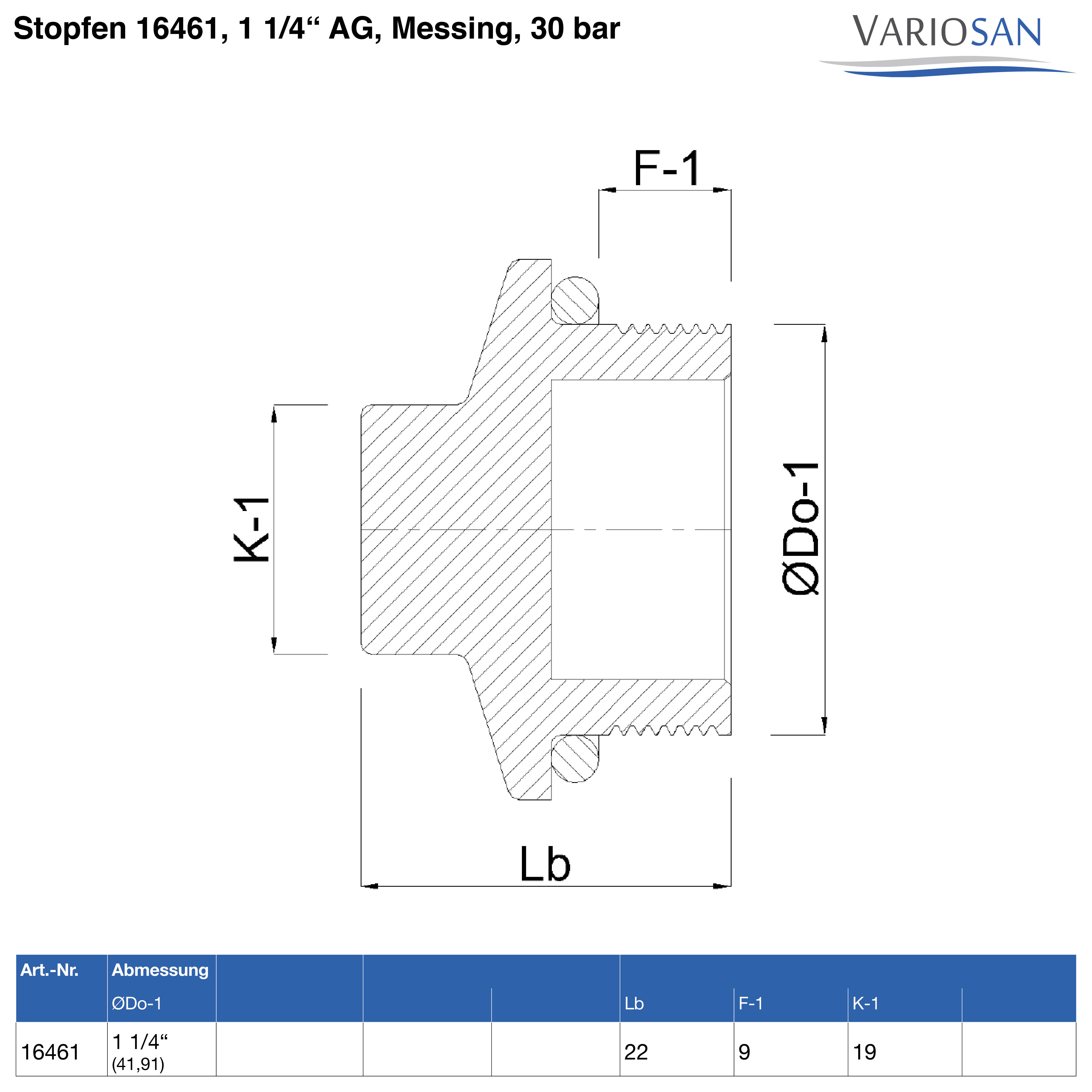 VARIOSAN Stopfen 16461, 1 1/4" AG, Messing, 30 bar