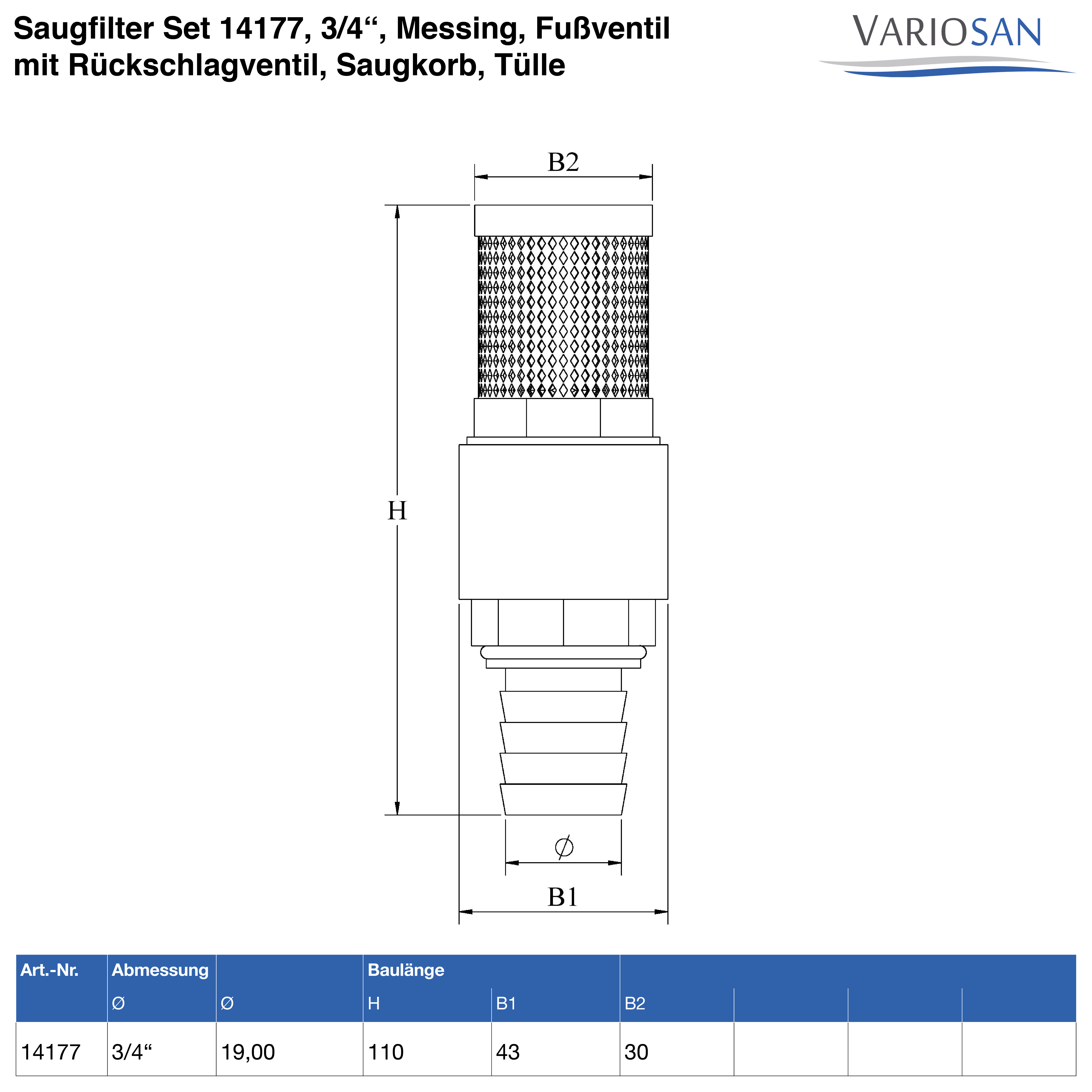 VARIOSAN Saugfilter Set 14177, 3/4", Messing, Fußventil mit Rückschlagventil, Saugkorb, Tülle und Schlauchschelle