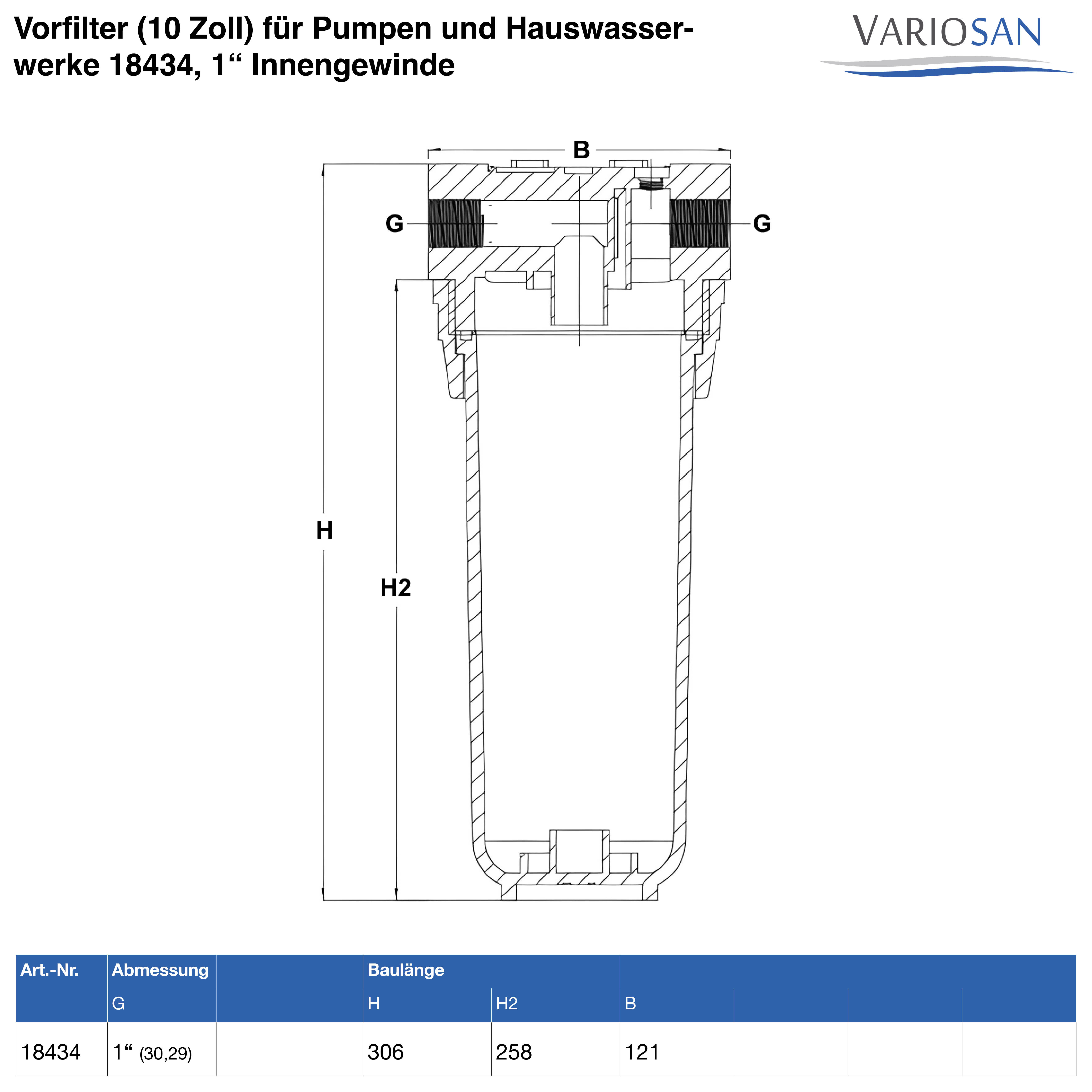 VARIOSAN Vorfilter (10 Zoll) für Pumpen und Hauswasserwerke 18434, 1" Innengewinde, 8 bar, 6.000 l/h Durchflussmenge, 0,06 mm Maschenweite