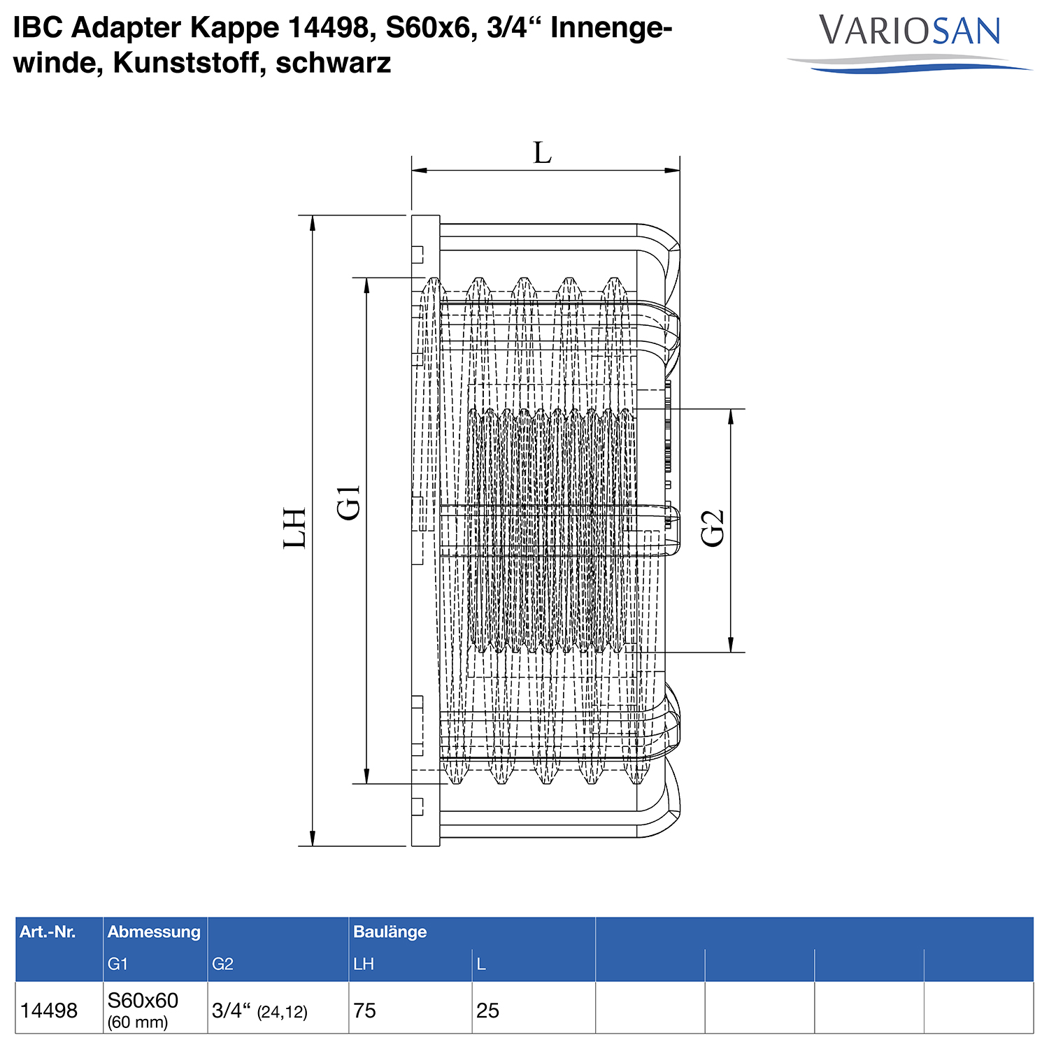 VARIOSAN IBC Adapter Kappe 14498, S60x6, 3/4" Innengewinde, Kunststoff, schwarz