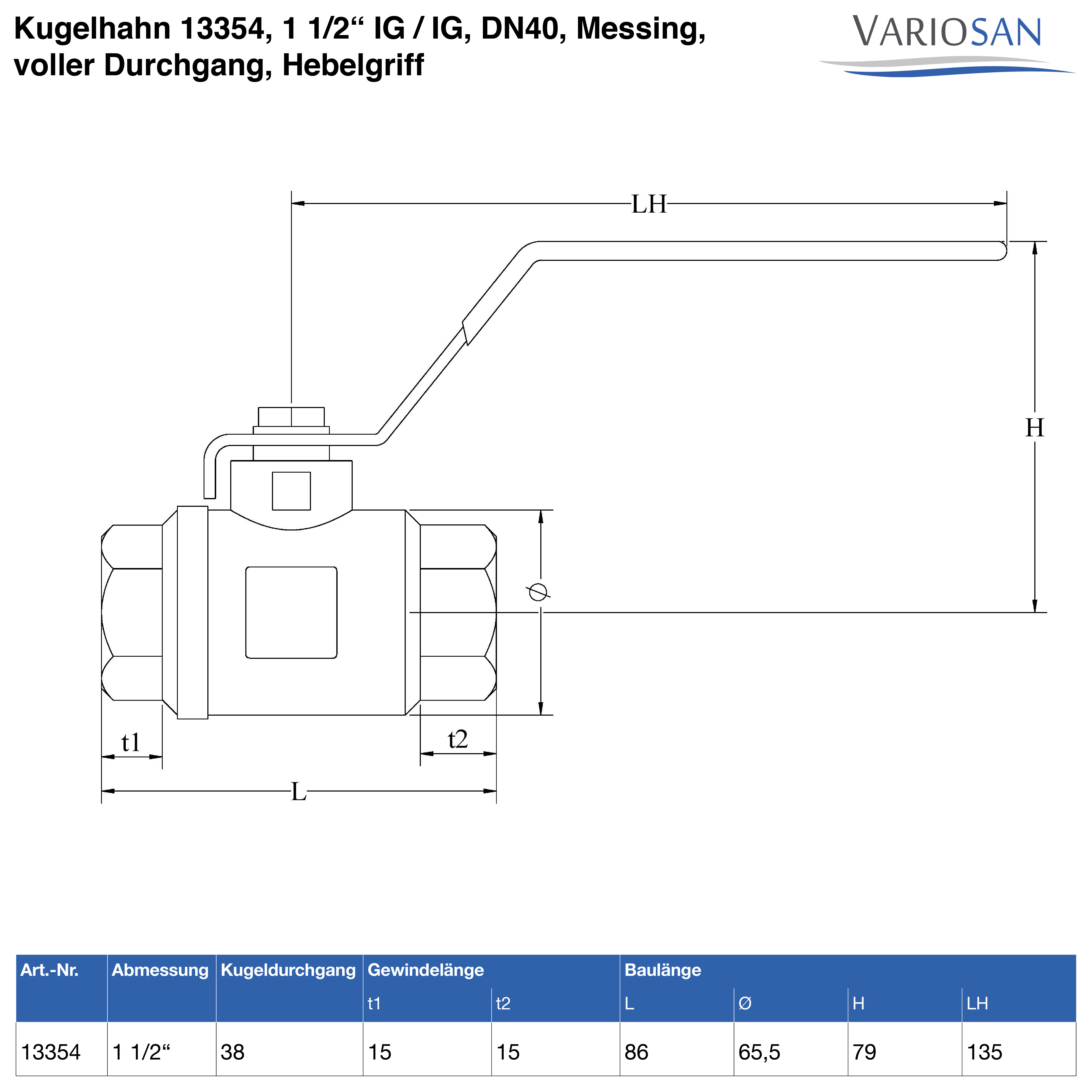 VARIOSAN Kugelhahn 13354, 1 1/2" IG / IG, DN40, Messing, voller Durchgang, Hebelgriff