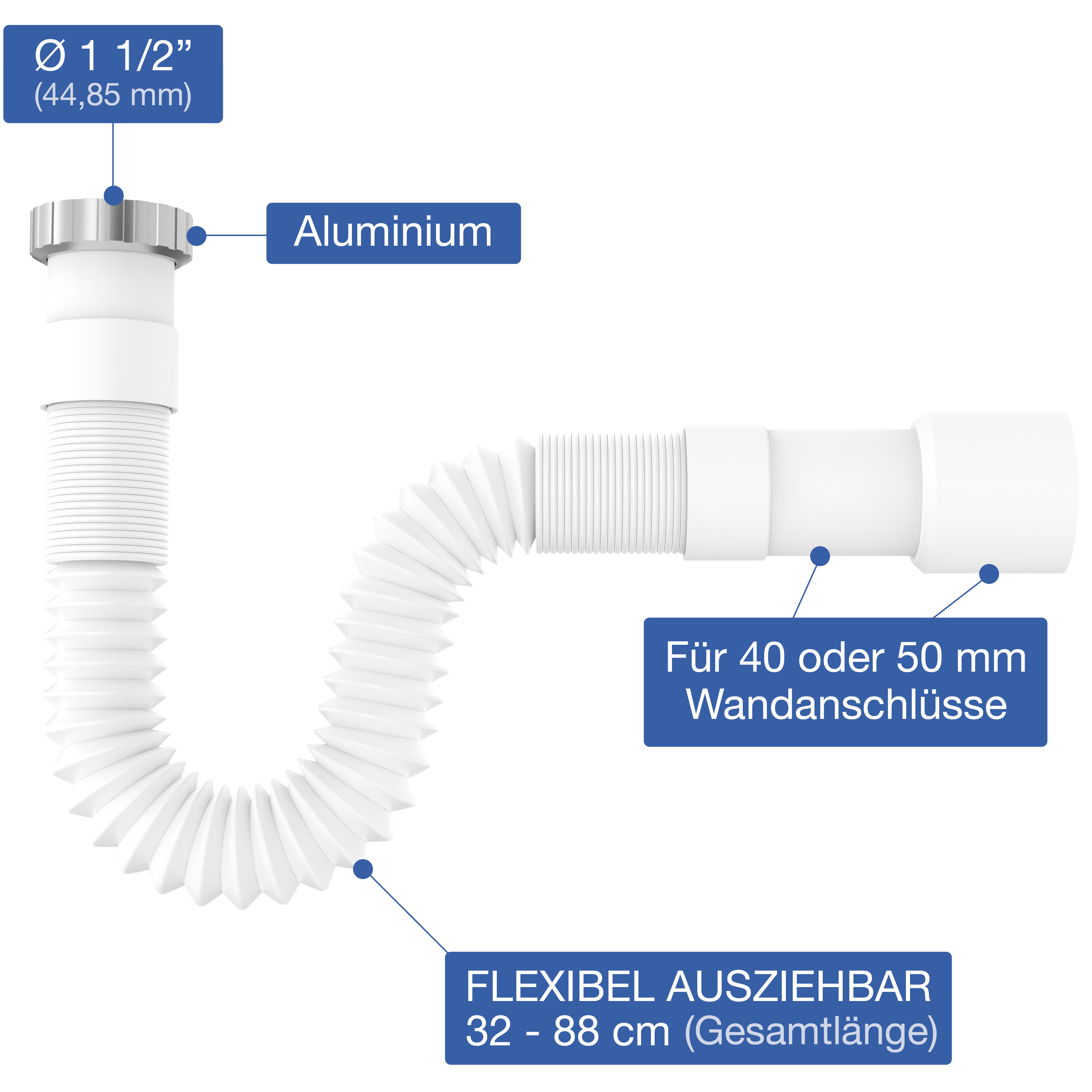 VARIOSAN Flexibler Ablaufschlauch 14931, 1 1/2" x 40/50 mm, Siphon / Geruchsverschluss für die Küchenspüle, Ausziehbar von 320 - 880 mm