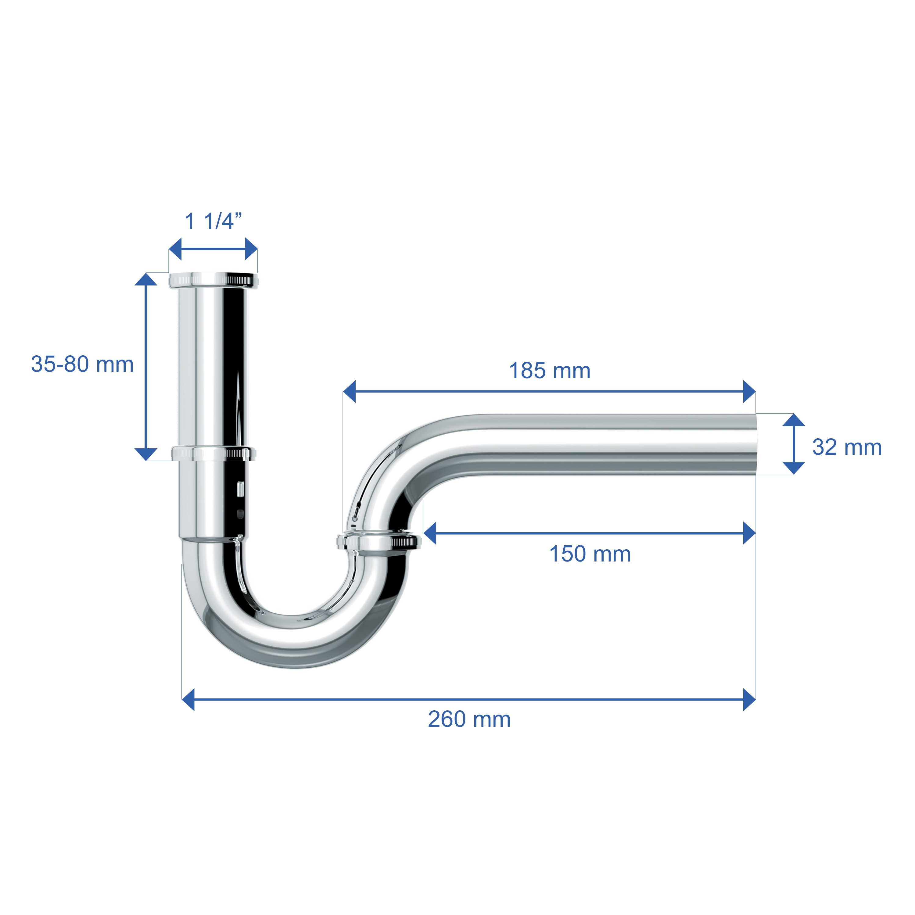 VARIOSAN Universal Röhrensiphon / Siphon für Waschbecken 12951, 1 1/4" x 32 mm, Edelstahl, verchromt