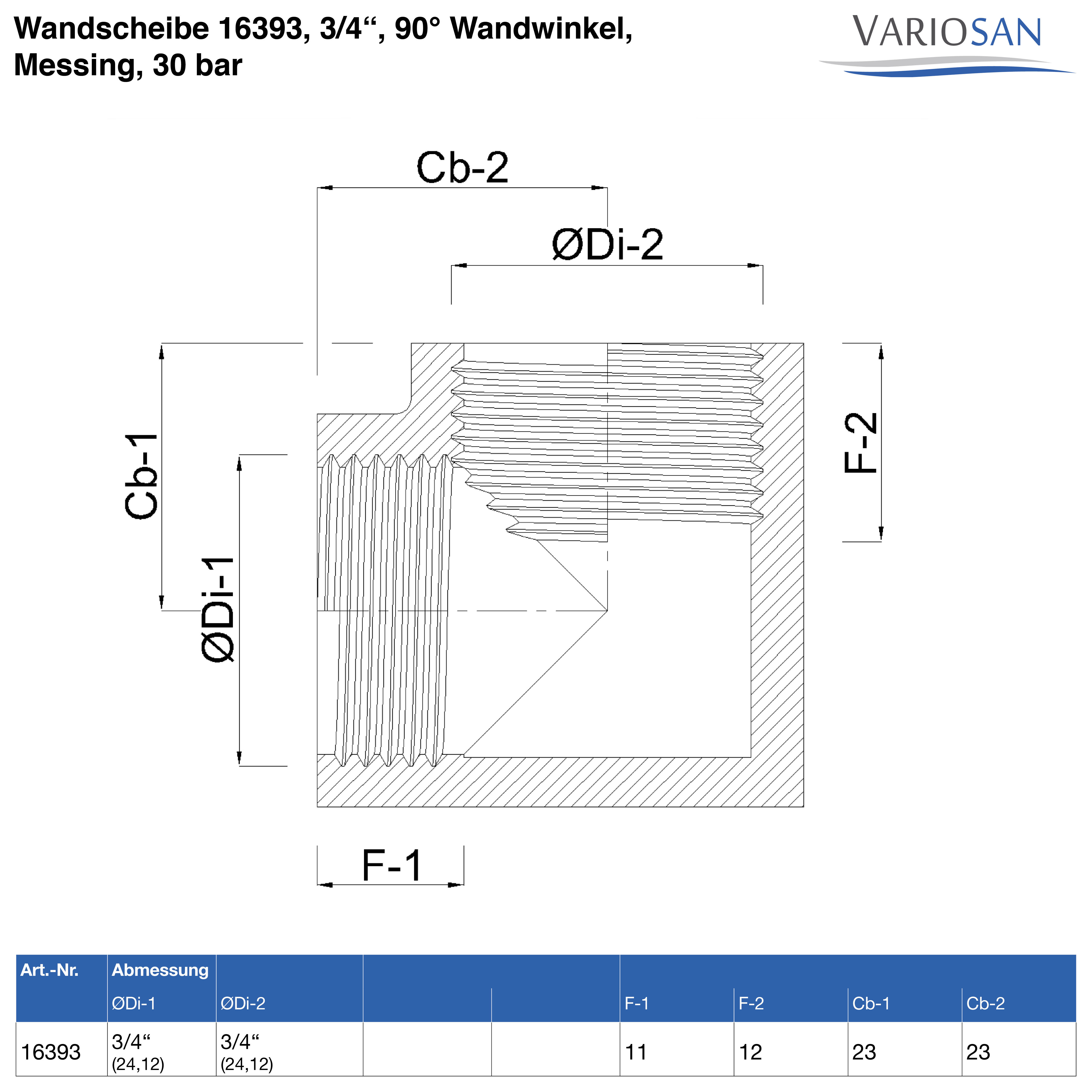 VARIOSAN Wandscheibe 16393, 3/4", 90° Wandwinkel, Messing, 30 bar