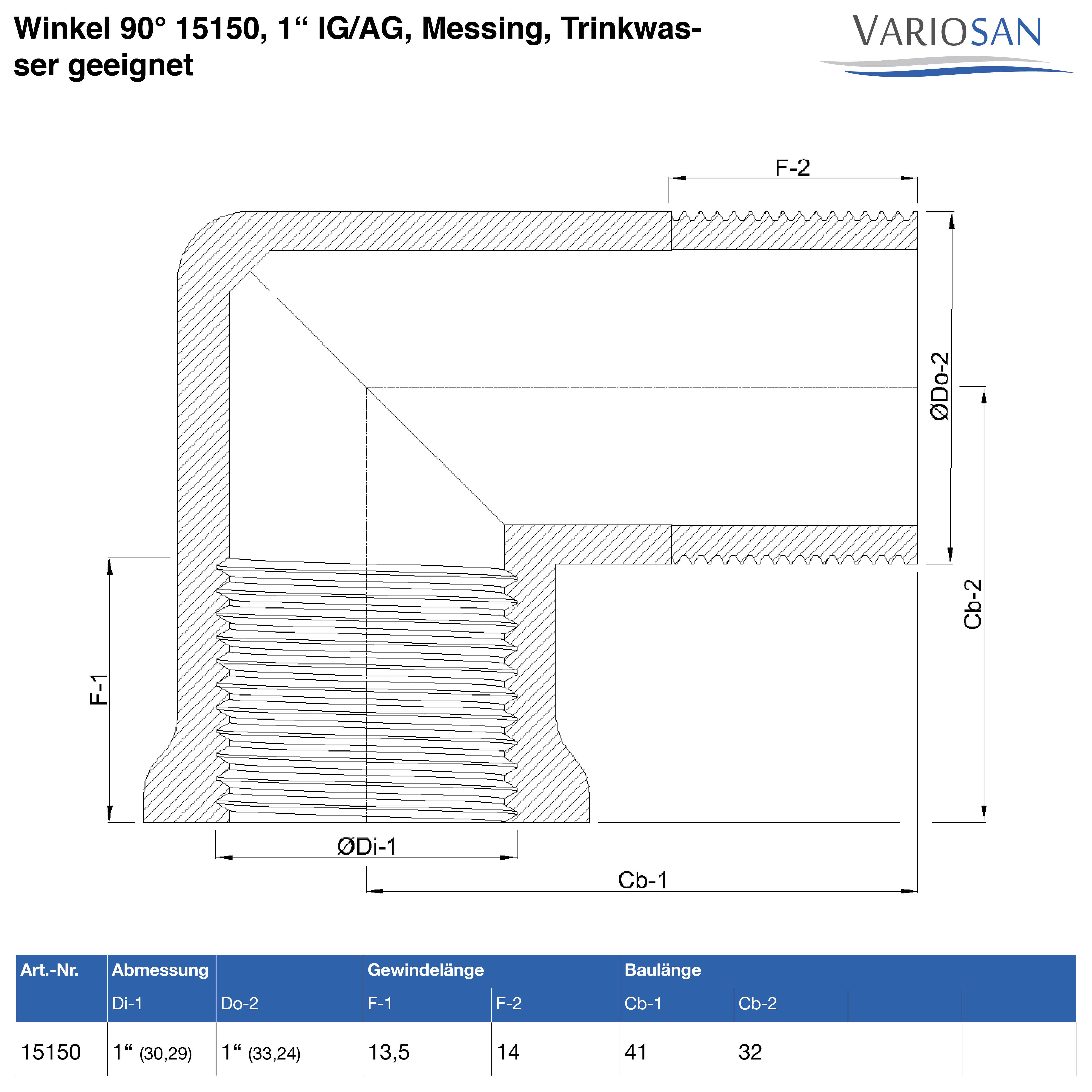 VARIOSAN Winkel 90° 15150, 1" IG/AG, Messing, Trinkwasser geeignet