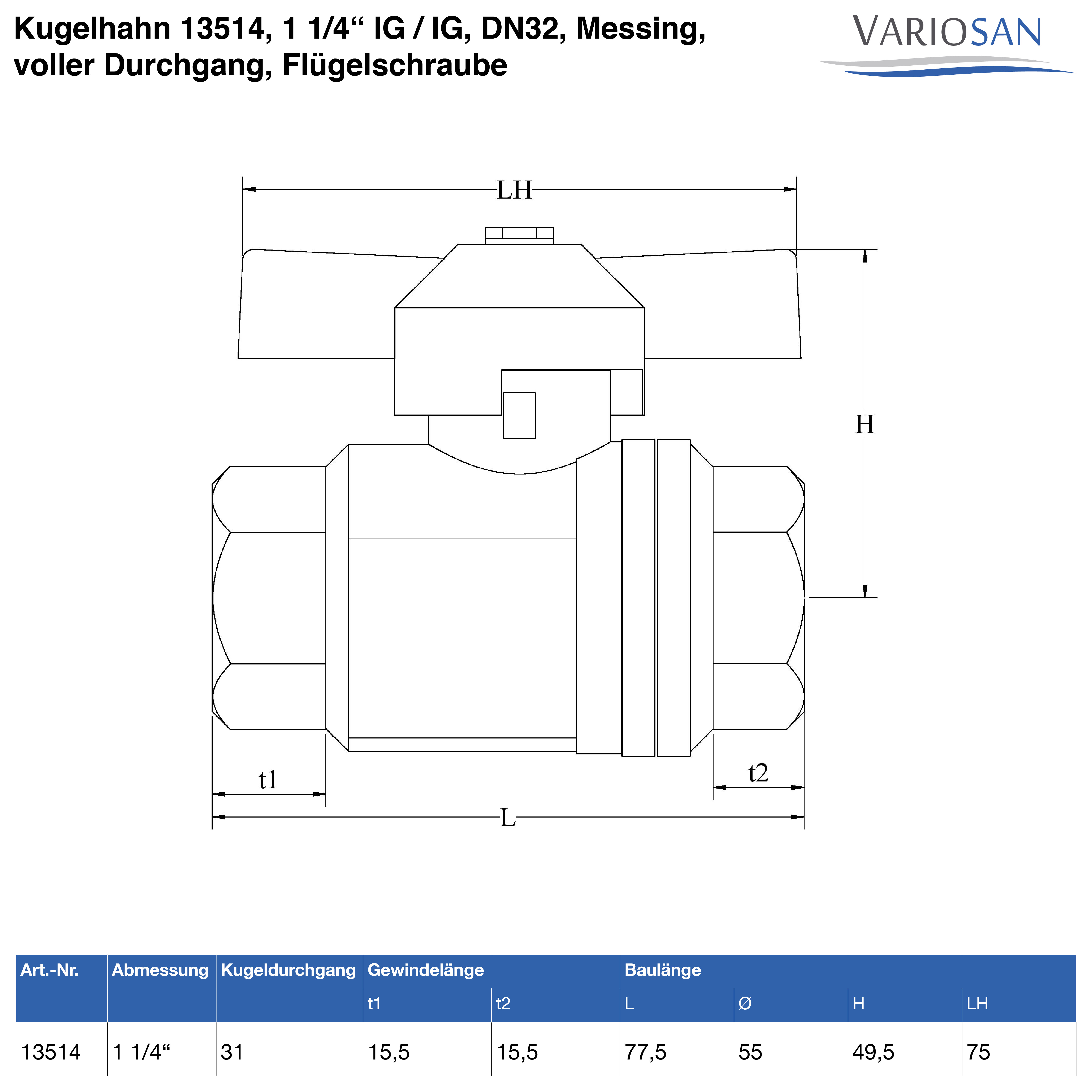 VARIOSAN Kugelhahn 13514, 1 1/4" IG / IG, DN32, Messing, voller Durchgang, Flügelschraube