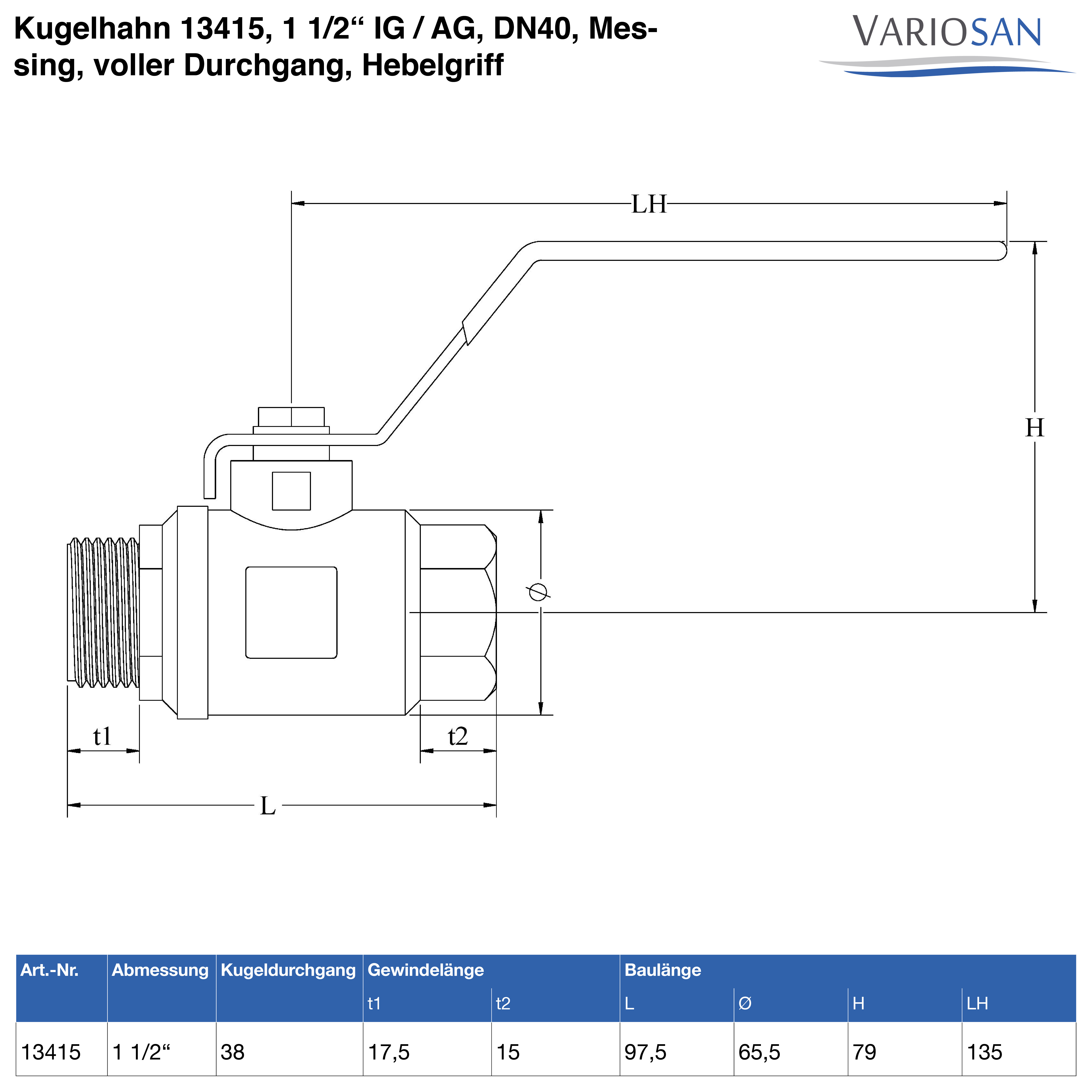 VARIOSAN Kugelhahn 13415, 1 1/2" IG / AG, DN40, Messing, voller Durchgang, Hebelgriff