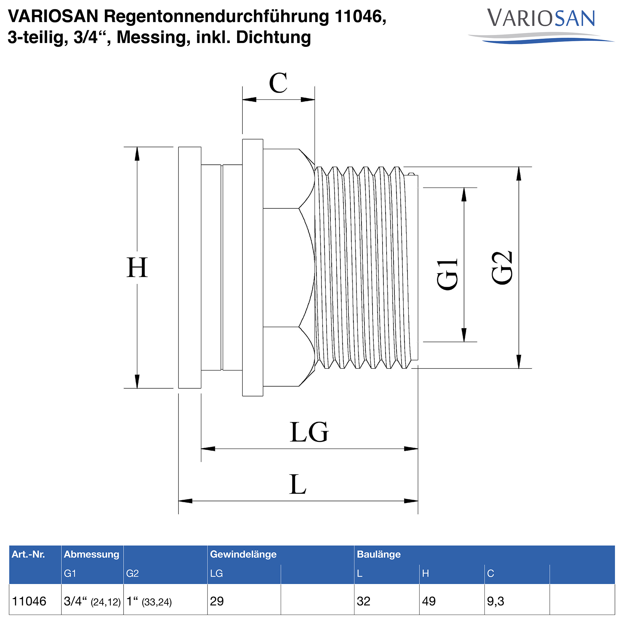 VARIOSAN Regentonnendurchführung 11046, 3-teilig, 3/4" Innengewinde, Messing, inkl. Dichtung