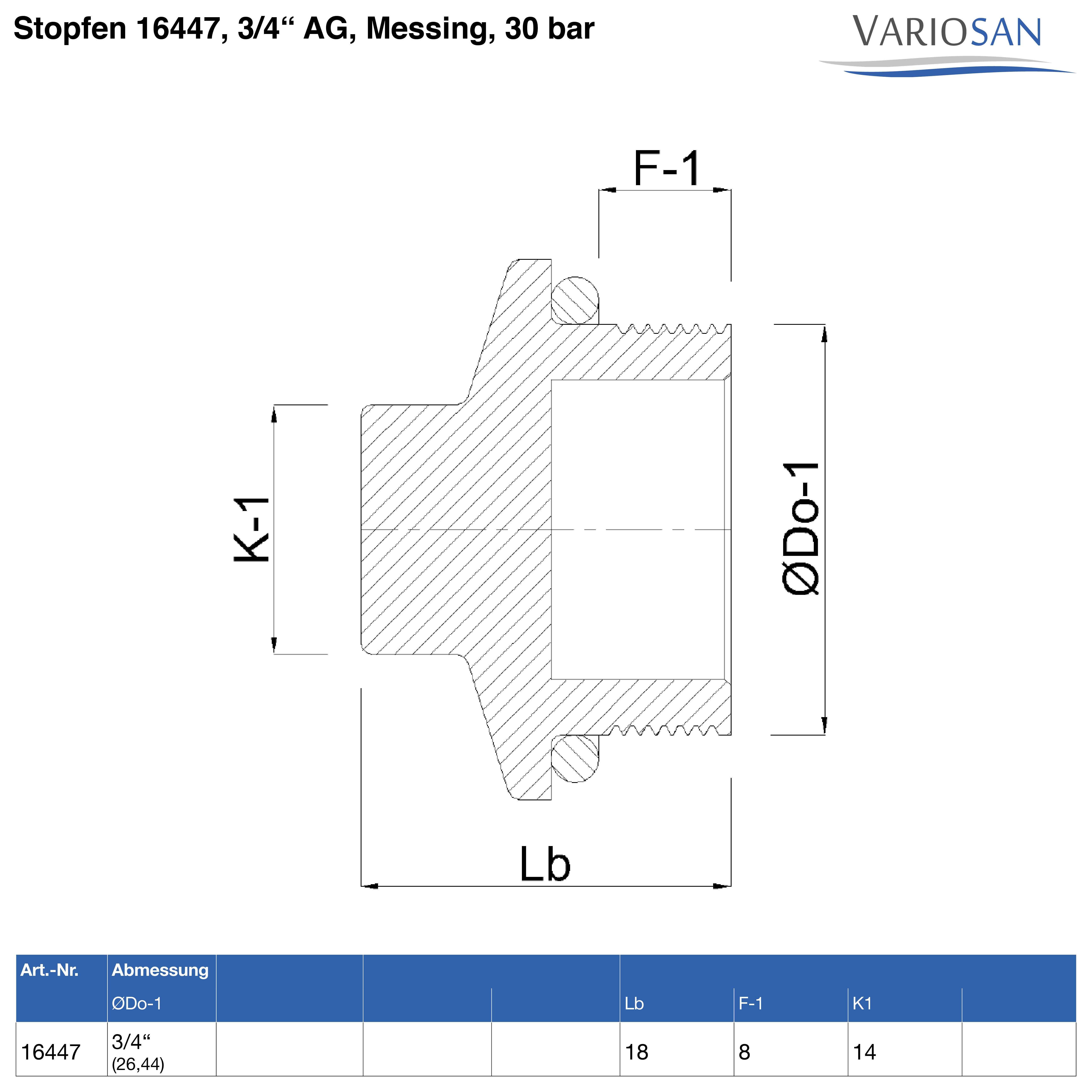 VARIOSAN Stopfen 16447, 3/4" AG, Messing, 30 bar