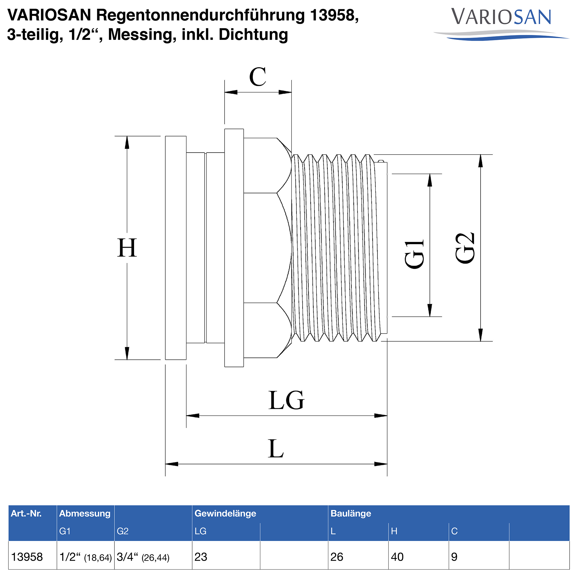 VARIOSAN Regentonnendurchführung 13958, 3-teilig, 1/2" Innengewinde, Messing, inkl. Dichtung