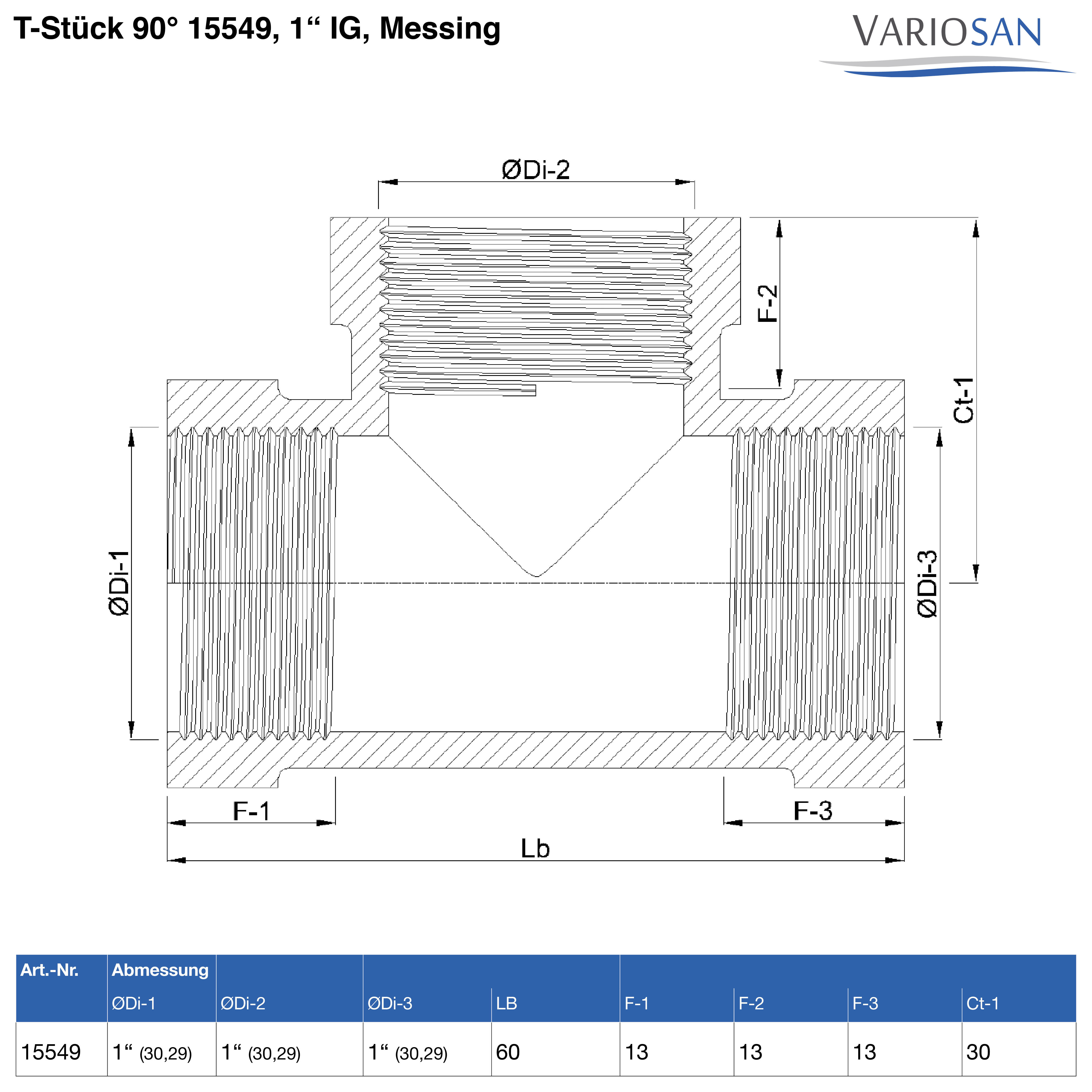 VARIOSAN T-Stück 90° 15549, 1" IG, Messing