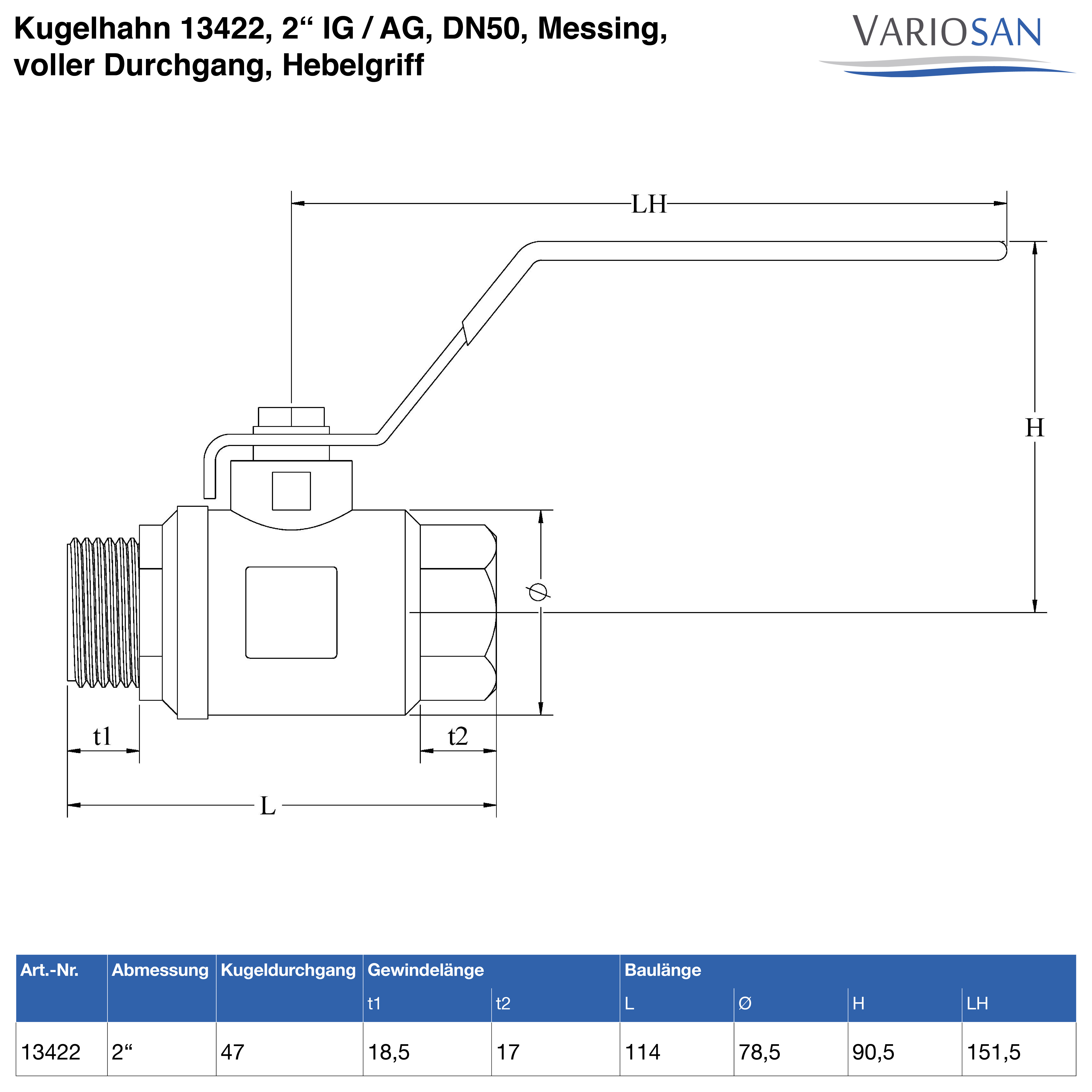 VARIOSAN Kugelhahn 13422, 2" IG / AG, DN50, Messing, voller Durchgang, Hebelgriff