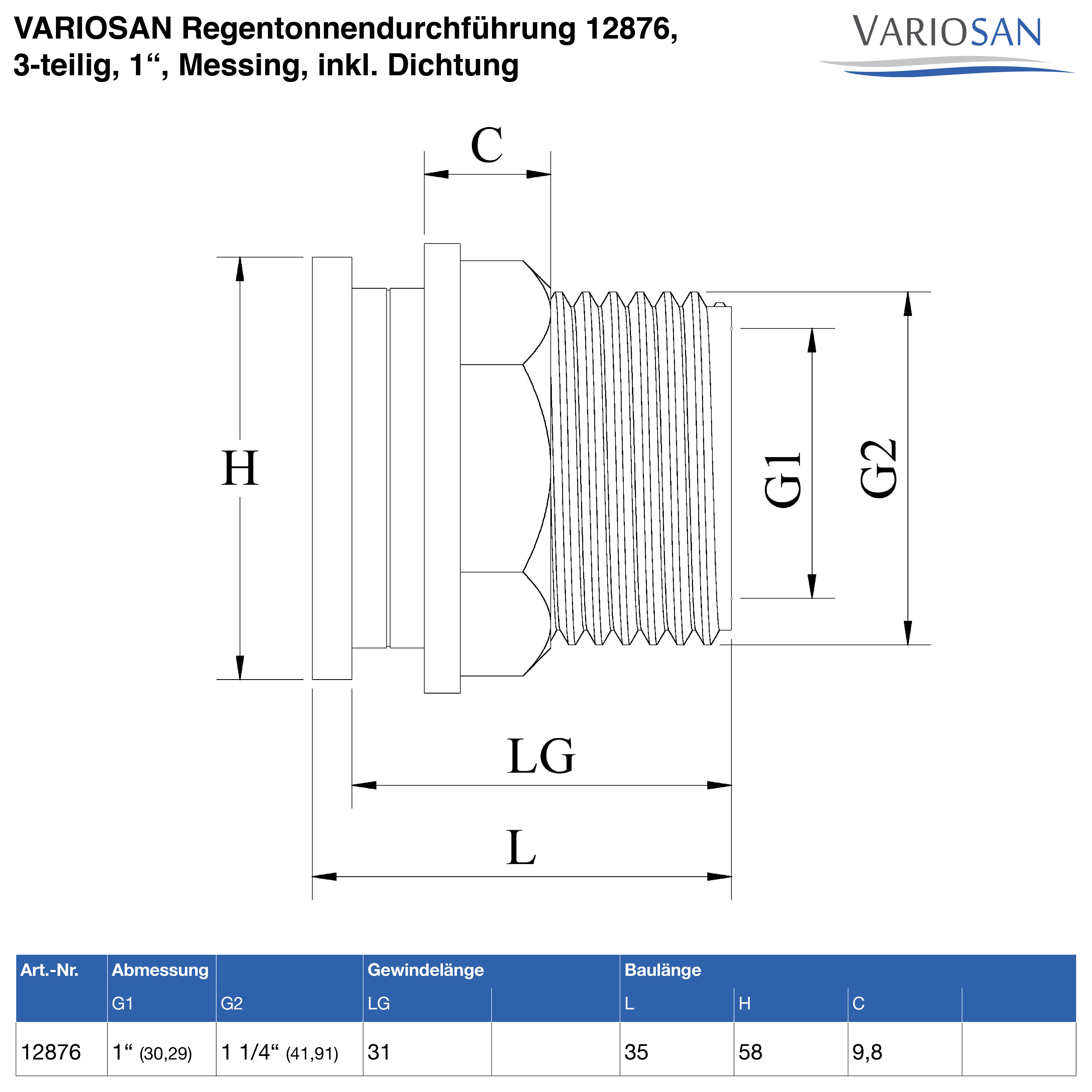 VARIOSAN Regentonnendurchführung 12876, 3-teilig, 1" Innengewinde, Messing, inkl. Dichtung