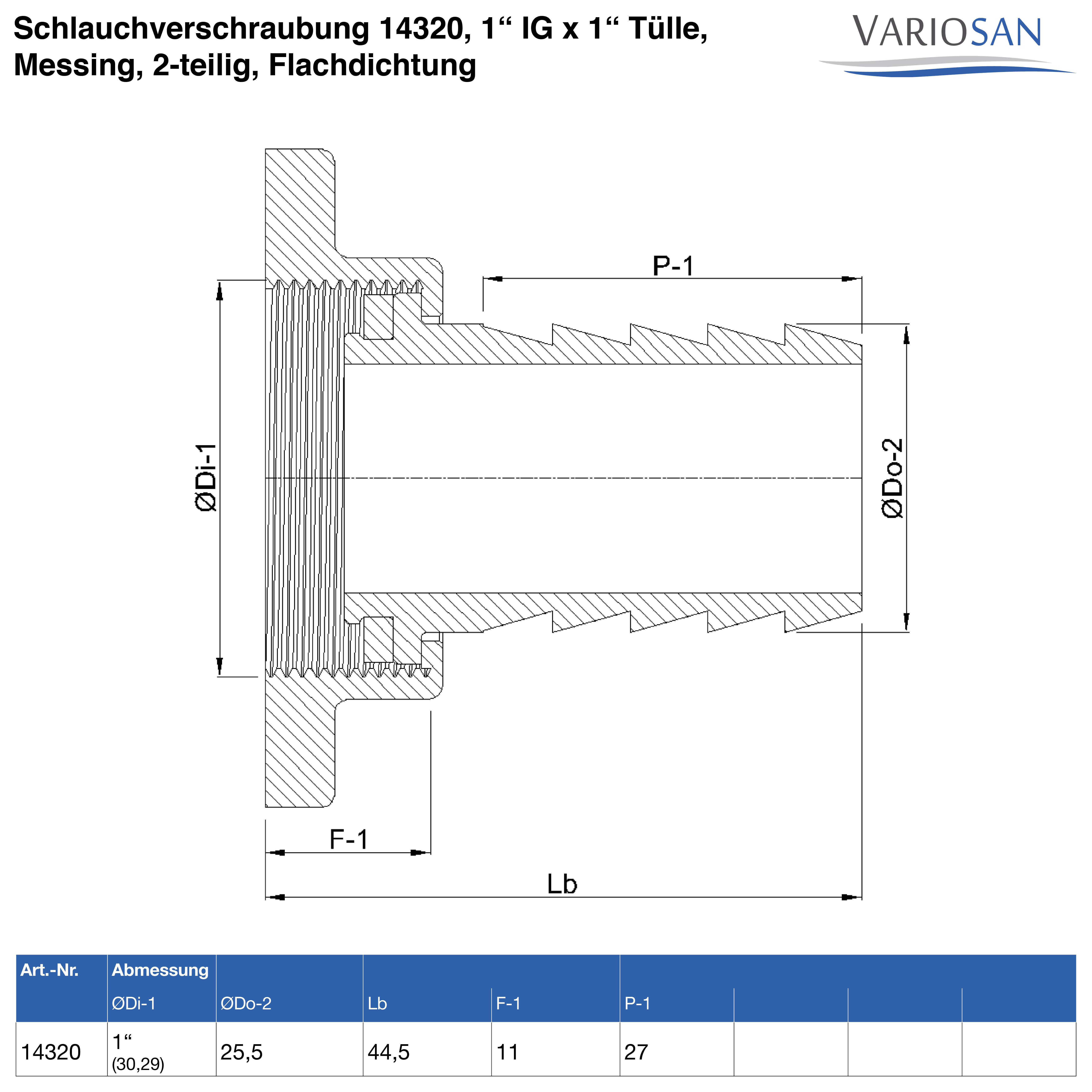 VARIOSAN Schlauchverschraubung 14320, 1" IG x 1" Tülle, Messing, 2-teilig, Flachdichtung