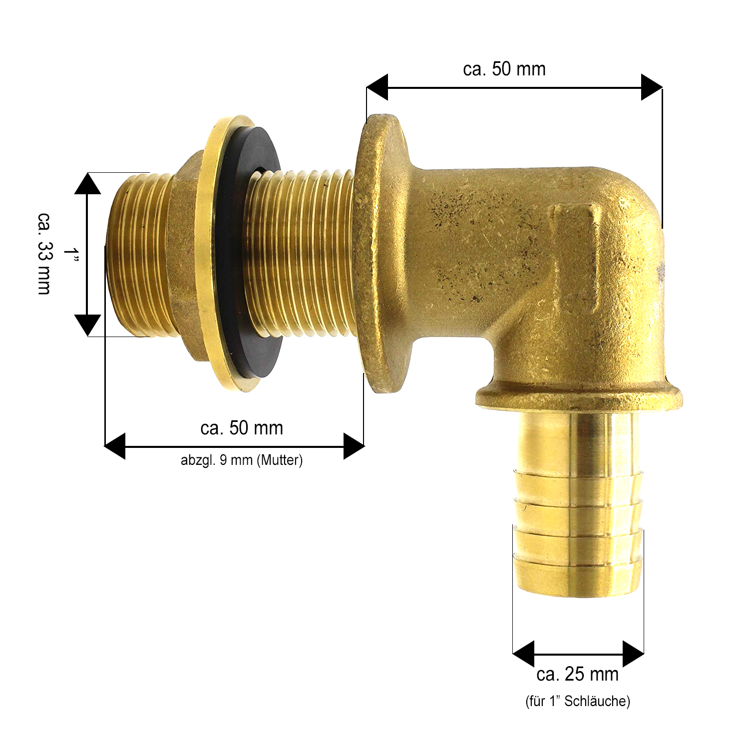 VARIOSAN Tankdurchführung für Regentonnen/Zisternen 11688, 3-teilig, 1", Messing, 90°