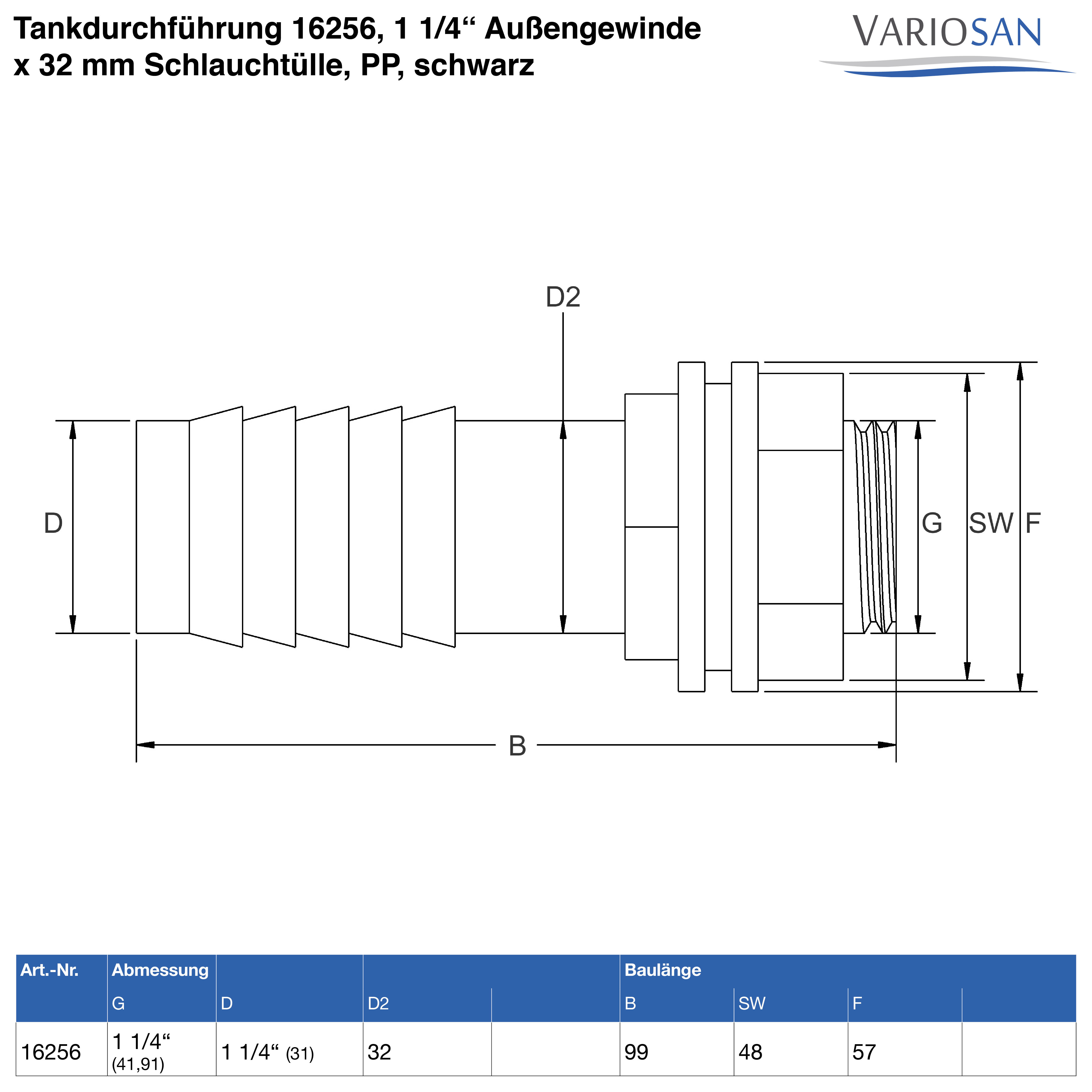 VARIOSAN Tankdurchführung 16256, 1 1/4" Außengewinde x 32 mm Schlauchtülle, PP, schwarz, inkl. Dichtung