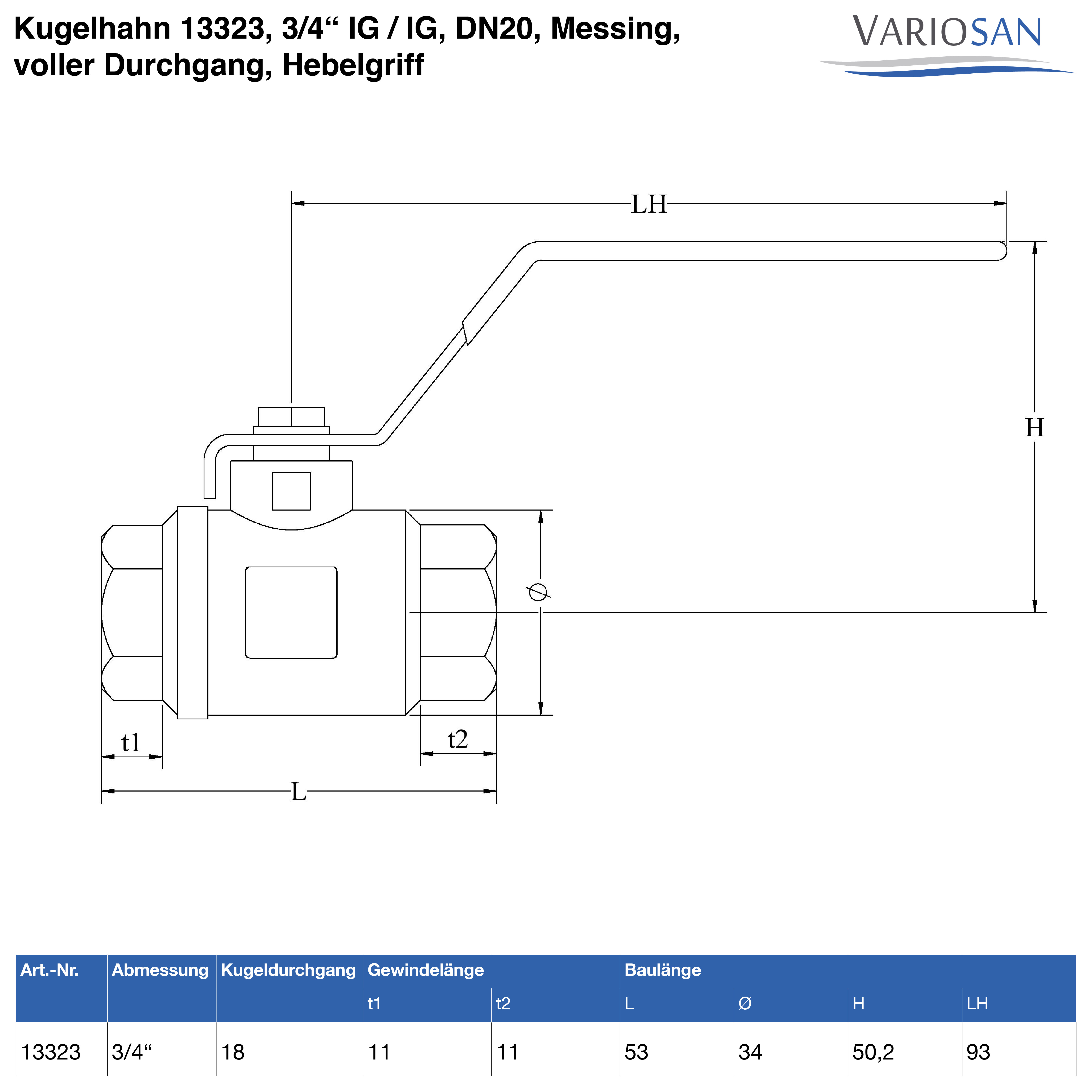 VARIOSAN Kugelhahn 13323, 3/4" IG / IG, DN20, Messing, voller Durchgang, Hebelgriff