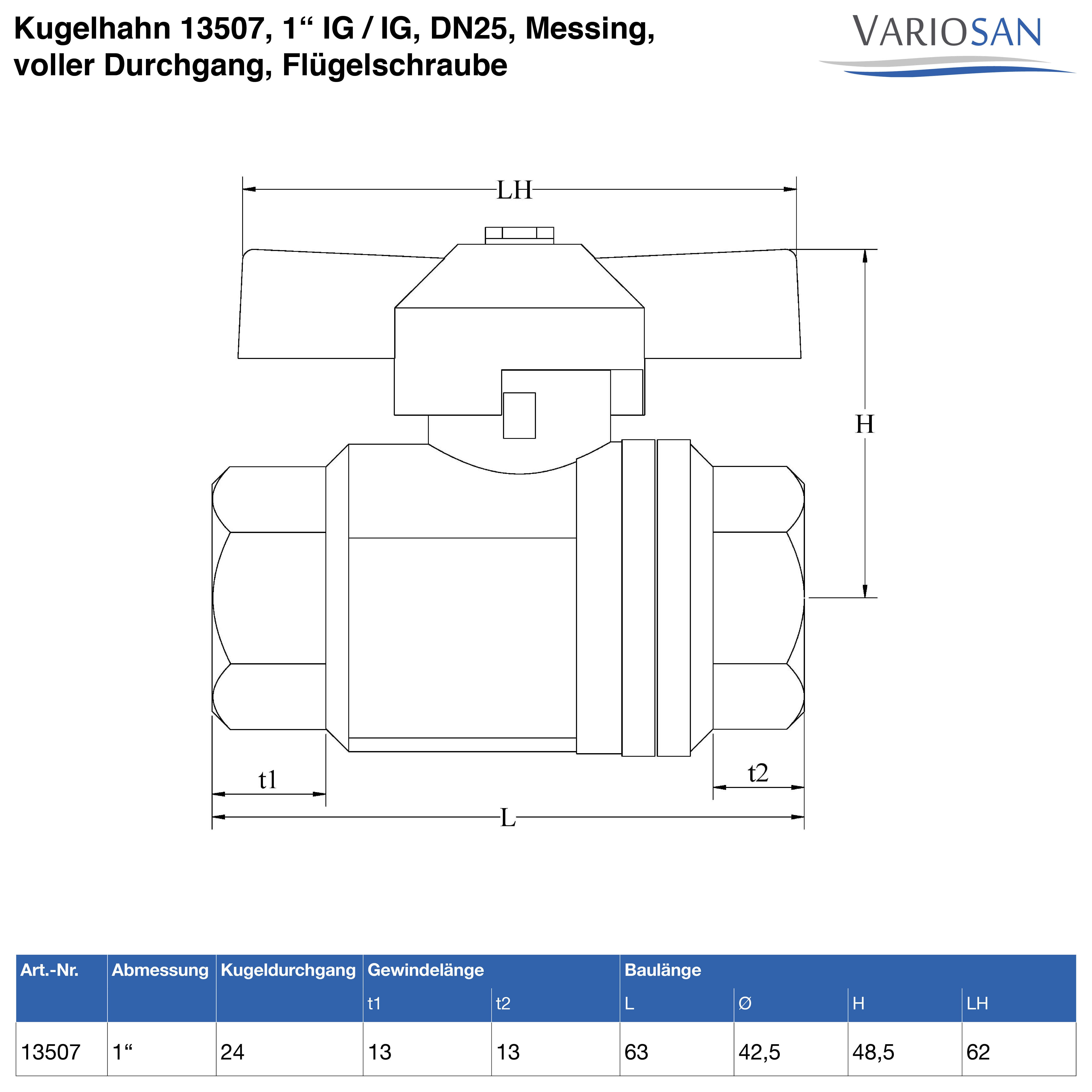 VARIOSAN Kugelhahn 13507, 1" IG / IG, DN25, Messing, voller Durchgang, Flügelschraube