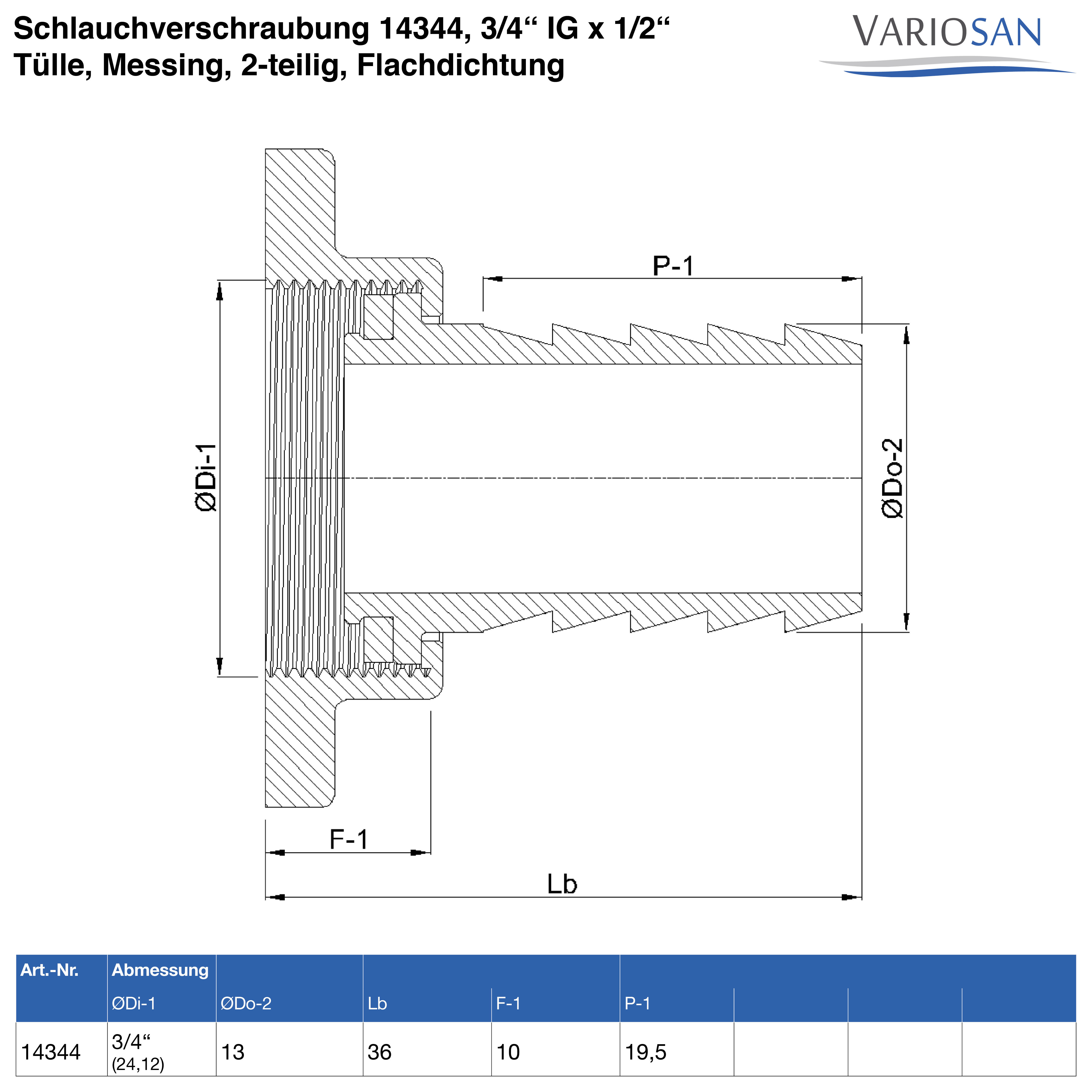 VARIOSAN Schlauchverschraubung 14344, 3/4" IG x 1/2" Tülle, Messing, 2-teilig, Flachdichtung