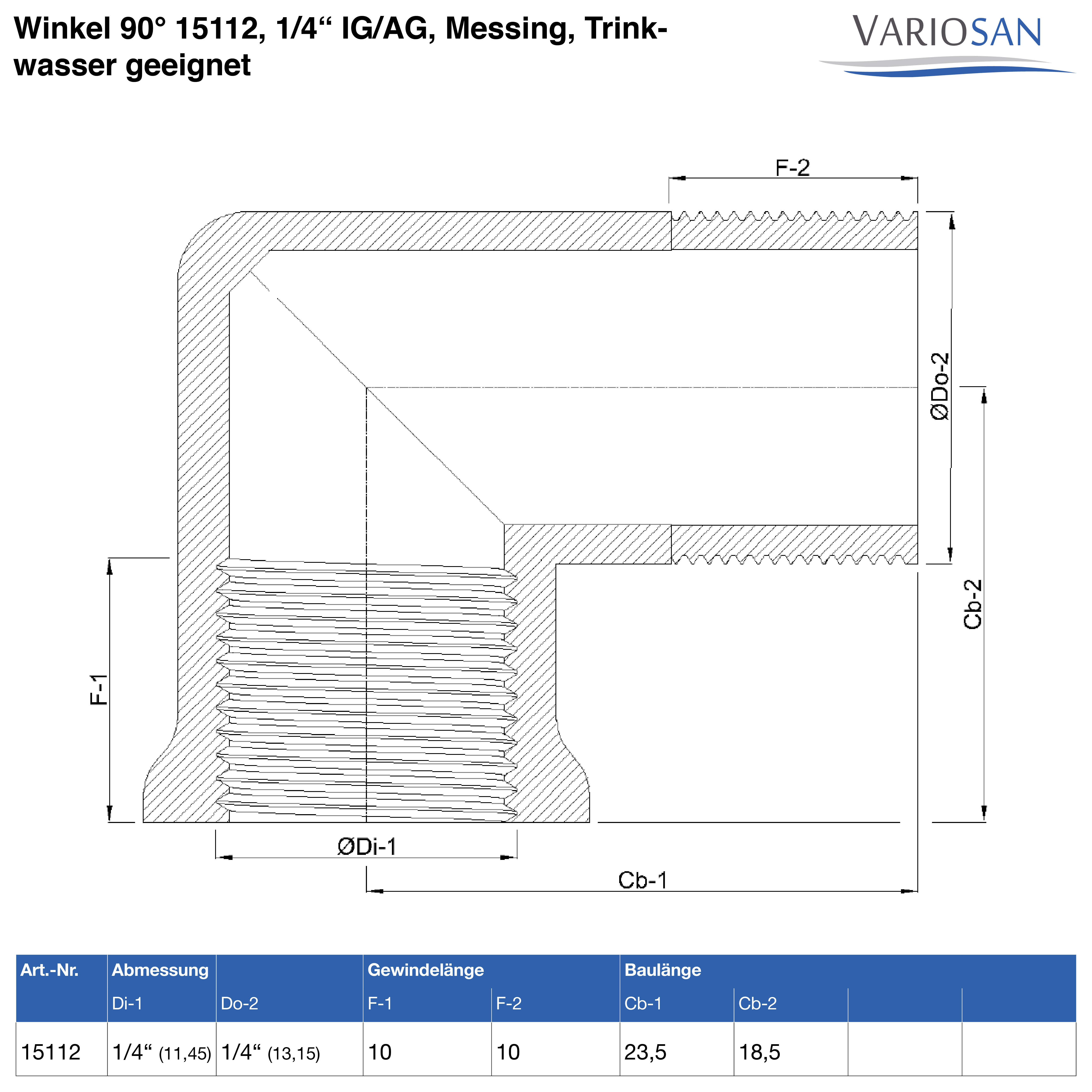 VARIOSAN Winkel 90° 15112, 1/4" IG/AG, Messing, Trinkwasser geeignet