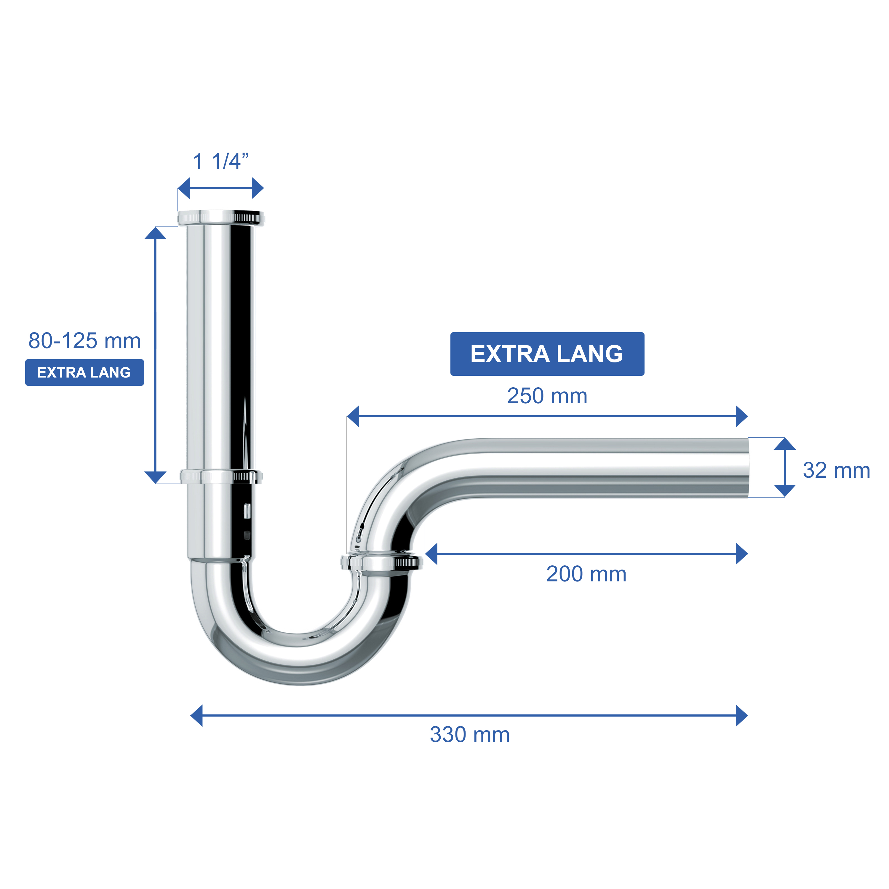 VARIOSAN Universal Röhrensiphon / Siphon für Waschbecken PLUS 14993, 1 1/4" x 32 mm, Edelstahl, verchromt