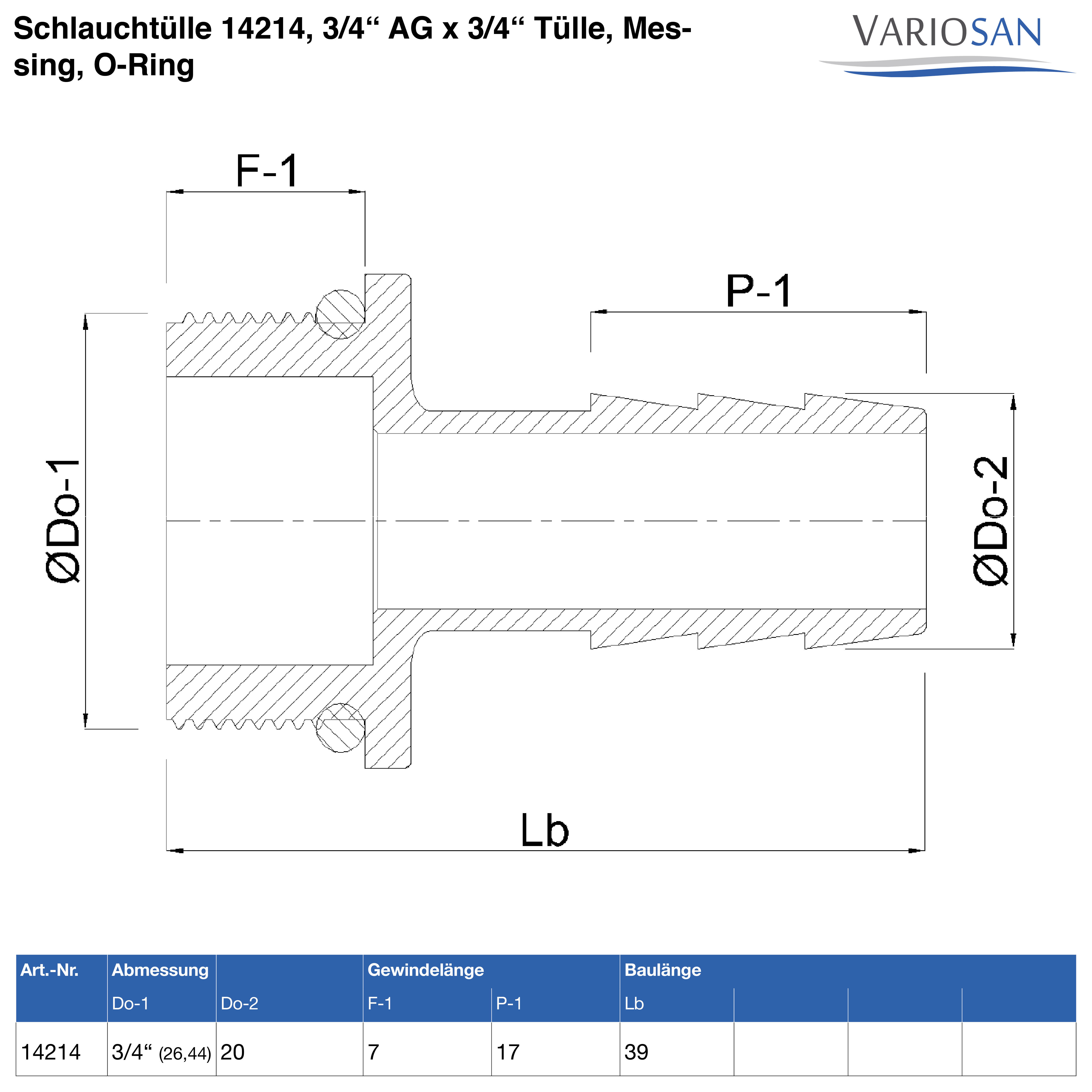 VARIOSAN Schlauchtülle 14214, 3/4" AG x 3/4" Tülle, Messing, O-Ring